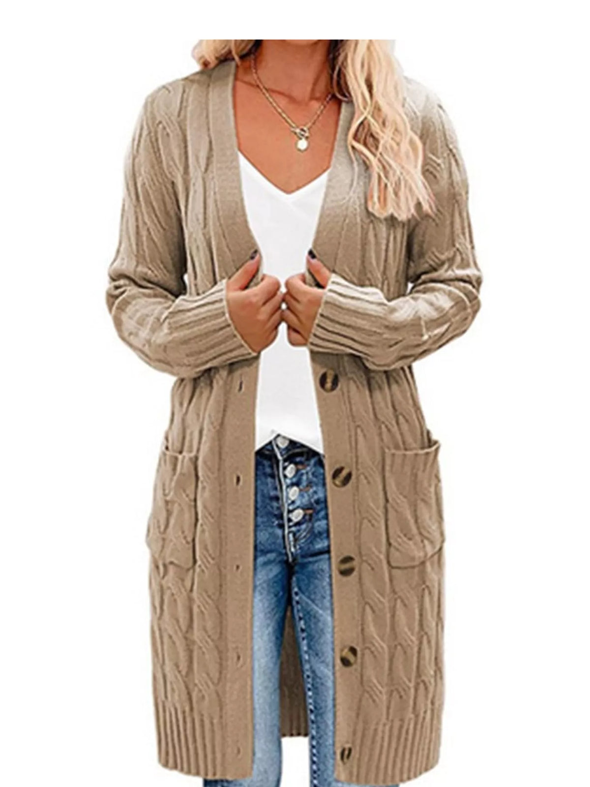 Cable Knit Button-Down Cardigan with Pockets — front view