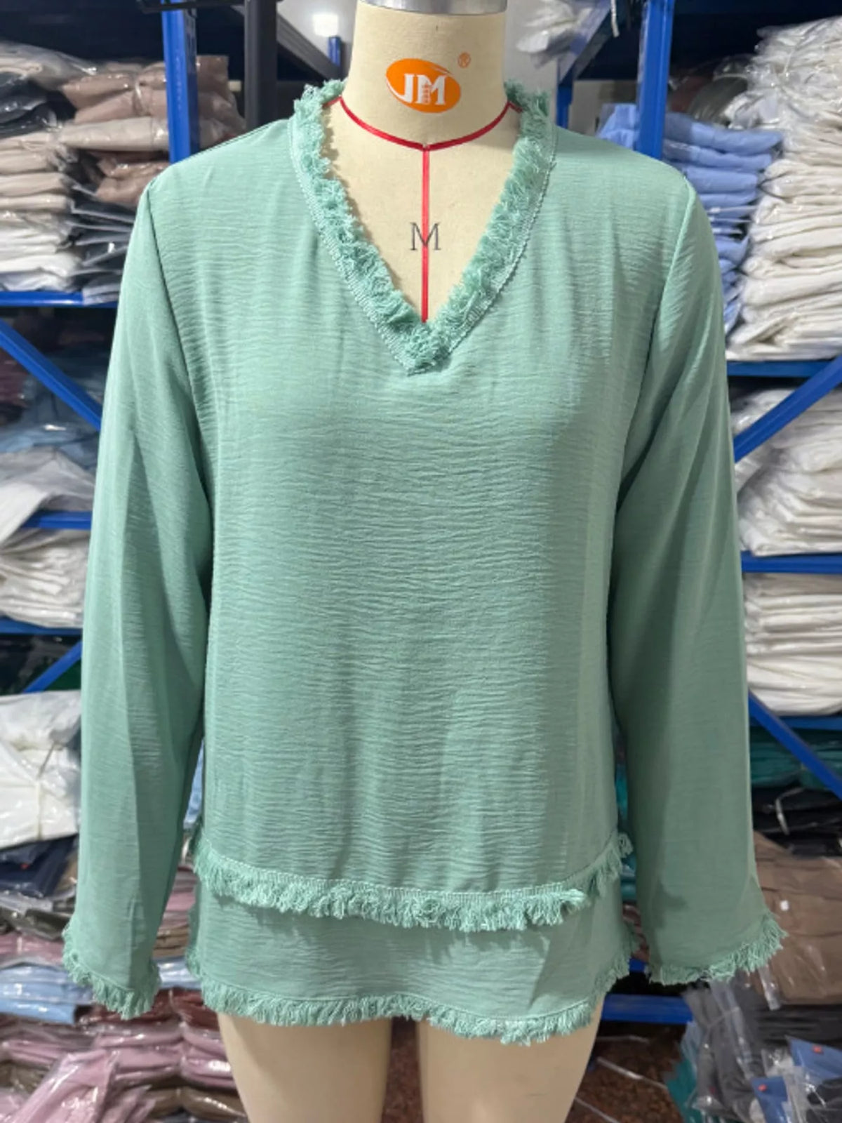 Frayed-hem blouse, sage mannequin front