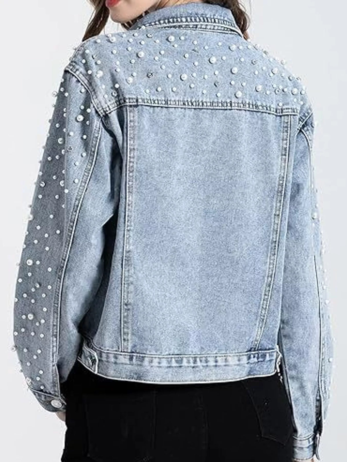 Women's Pearl Detail Button Up Denim Jacket in blue — back view