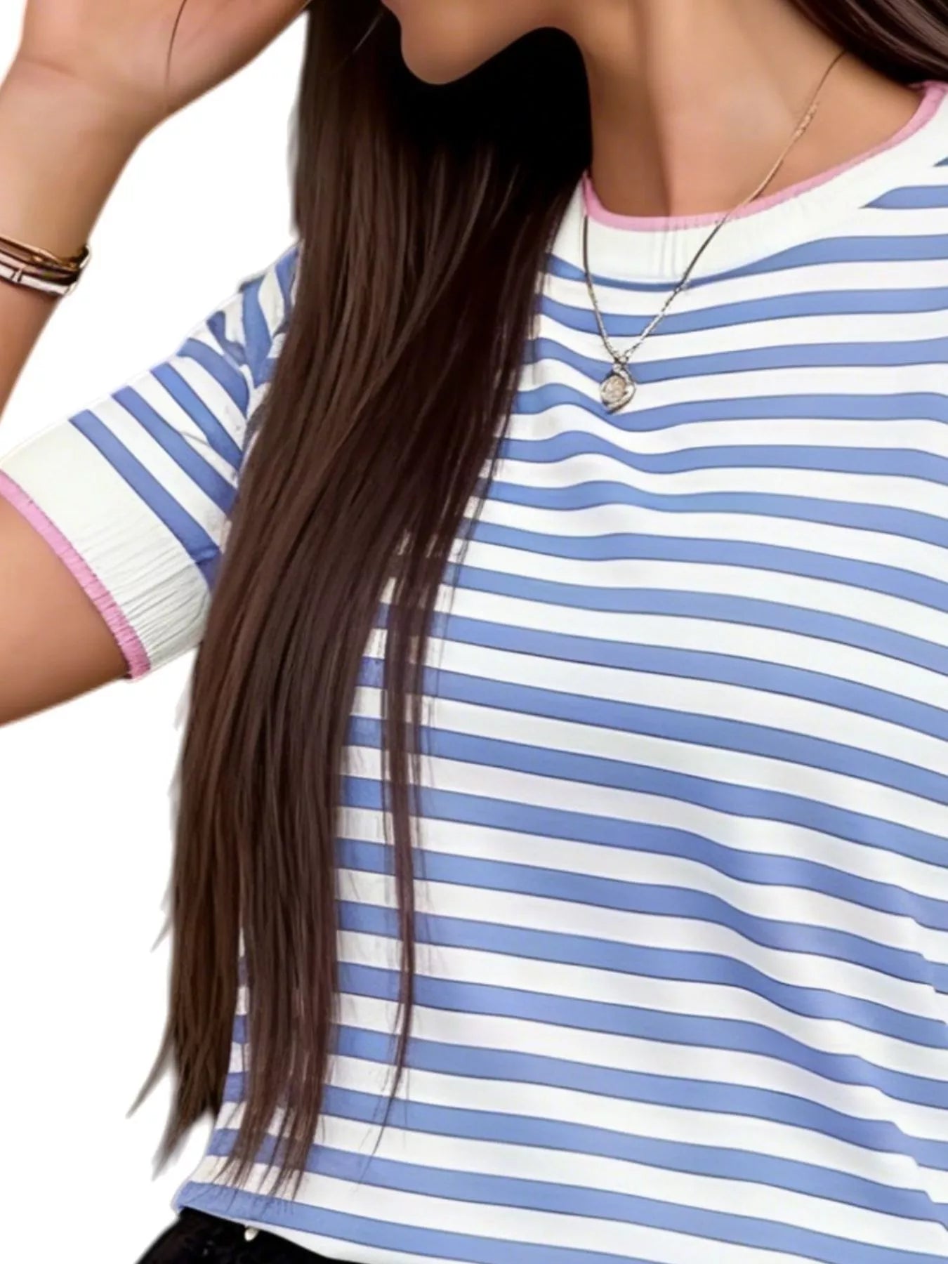 Trendsi Contrast Trim Striped Short Sleeve Knit Top -