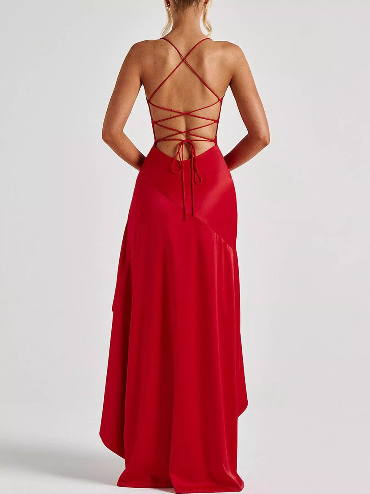 Red high-low ruffle-hem evening dress, lace-up back view