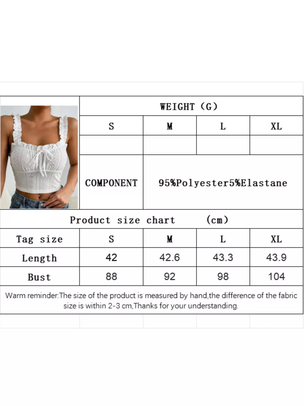 Size chart for eyelet tie-front tank