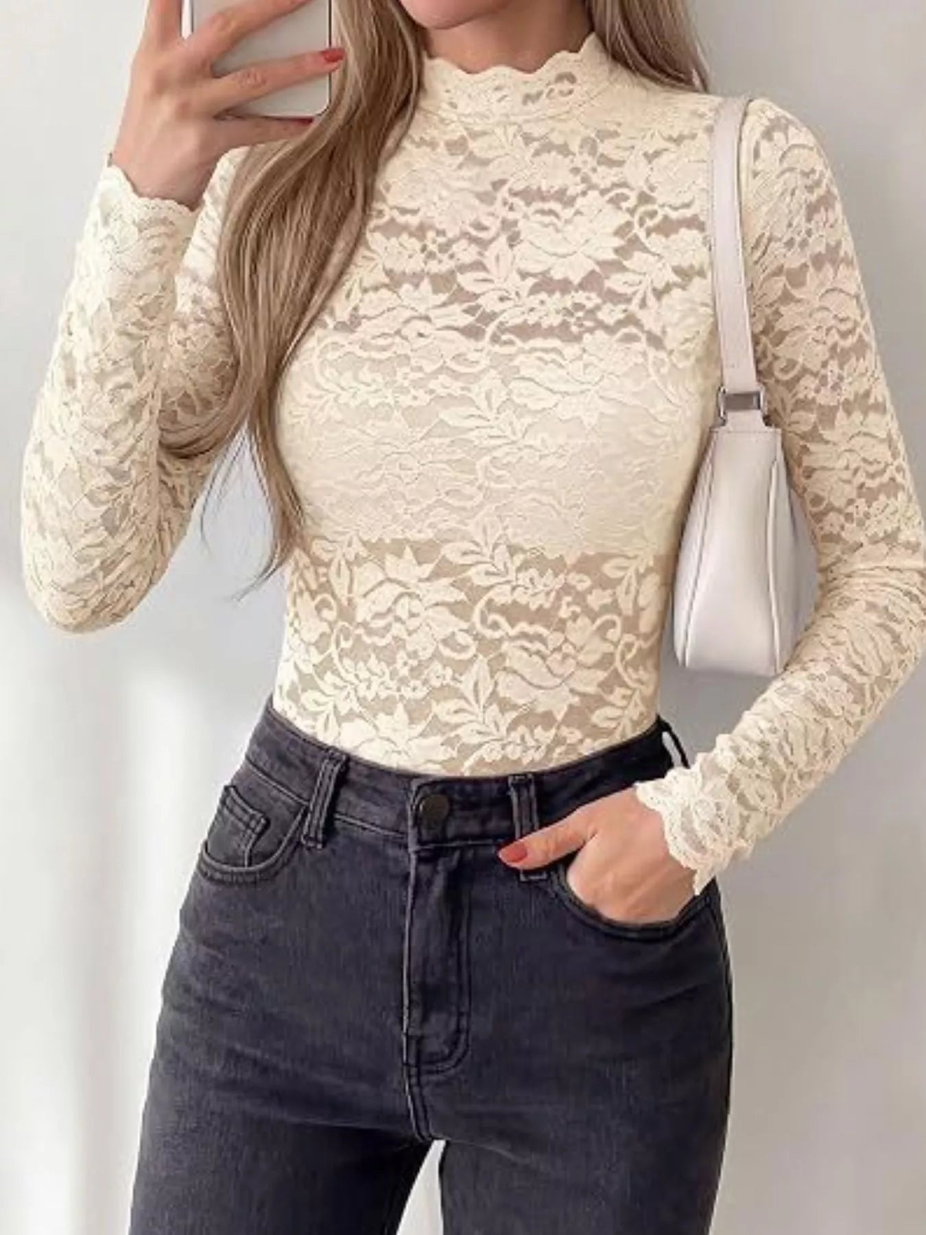 Trendsi Lace Mock Neck Long Sleeve Top -