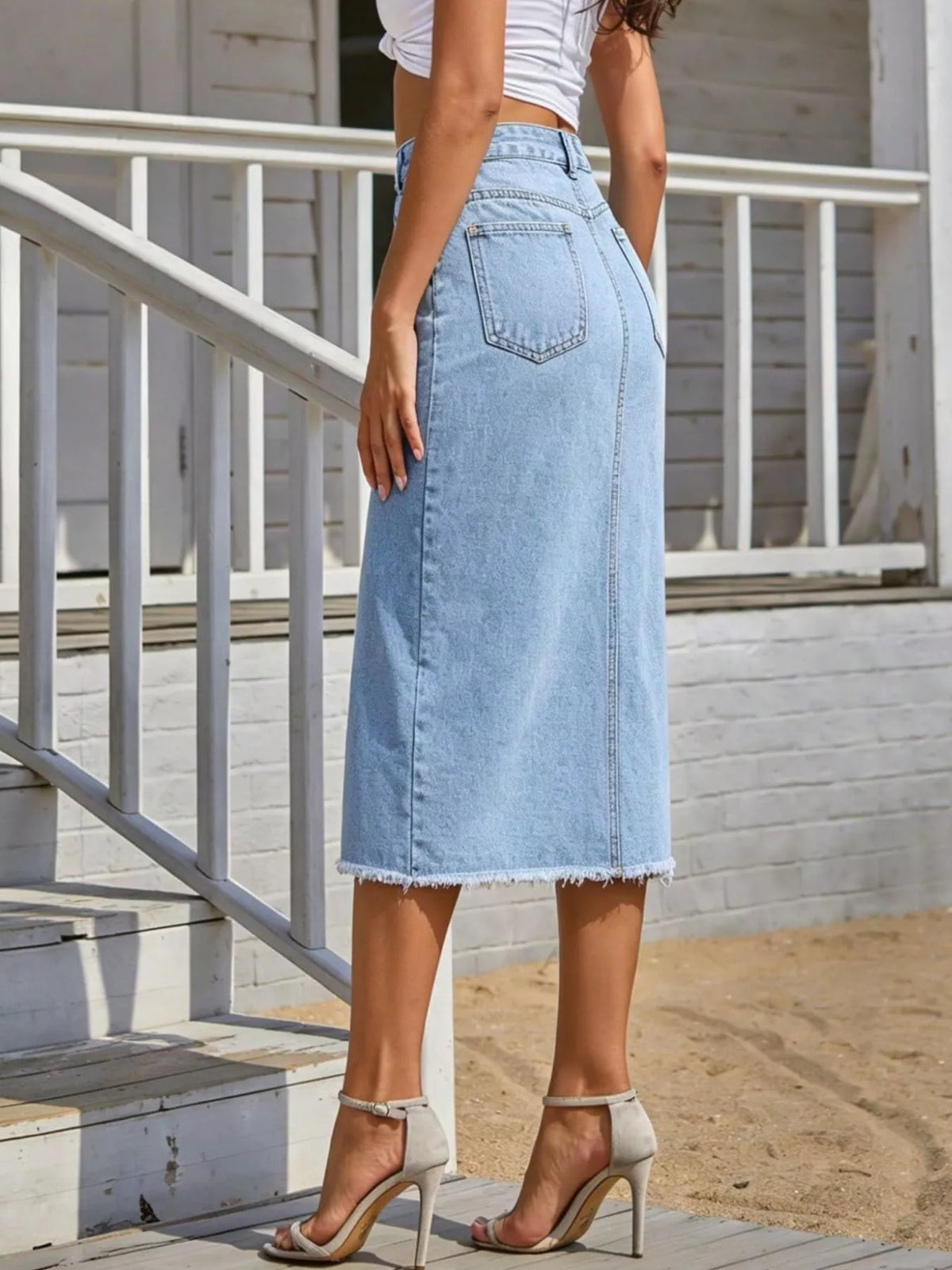 Asymmetric denim skirt, light blue back
