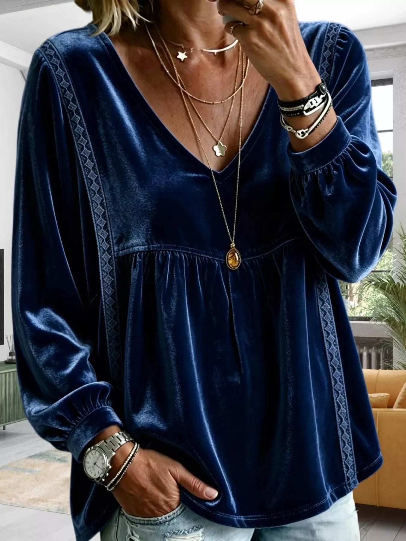 Trendsi Full Size Velvet Lace Detail V-Neck Blouse Plus Size -