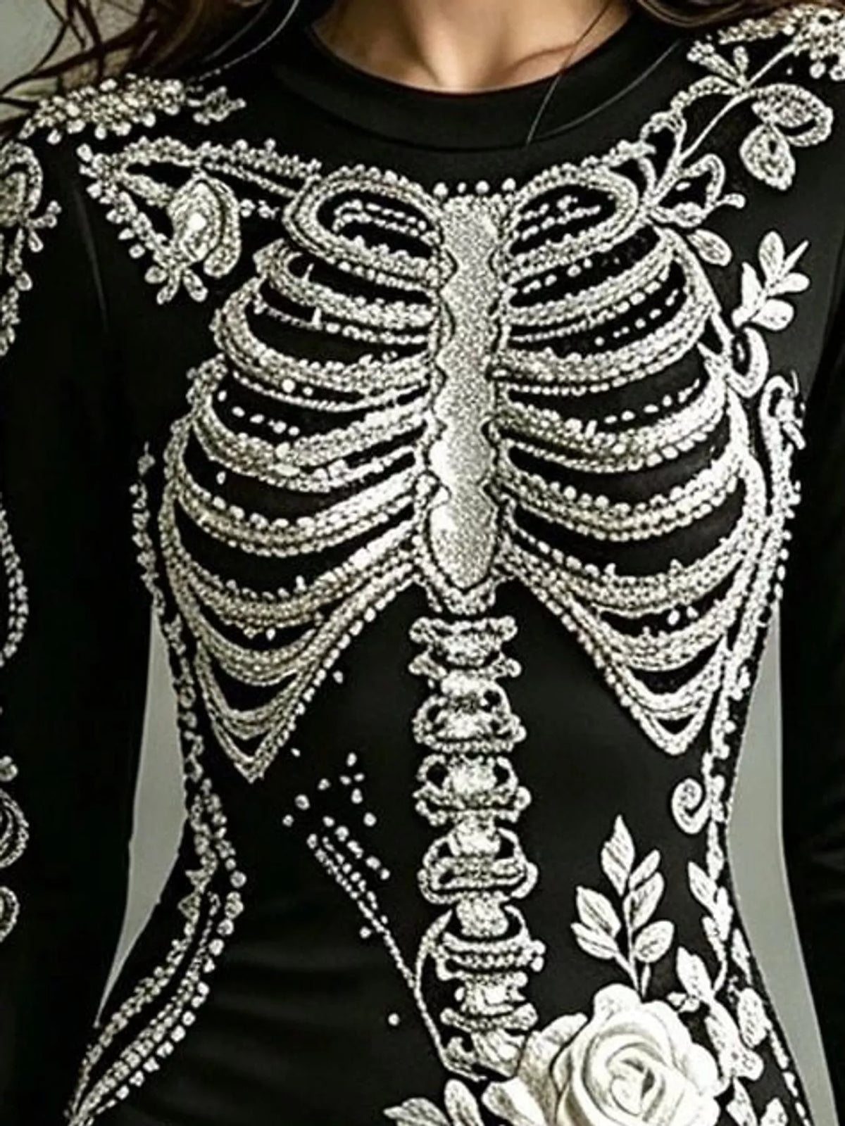 Floral skeleton dress, white skeleton print detail