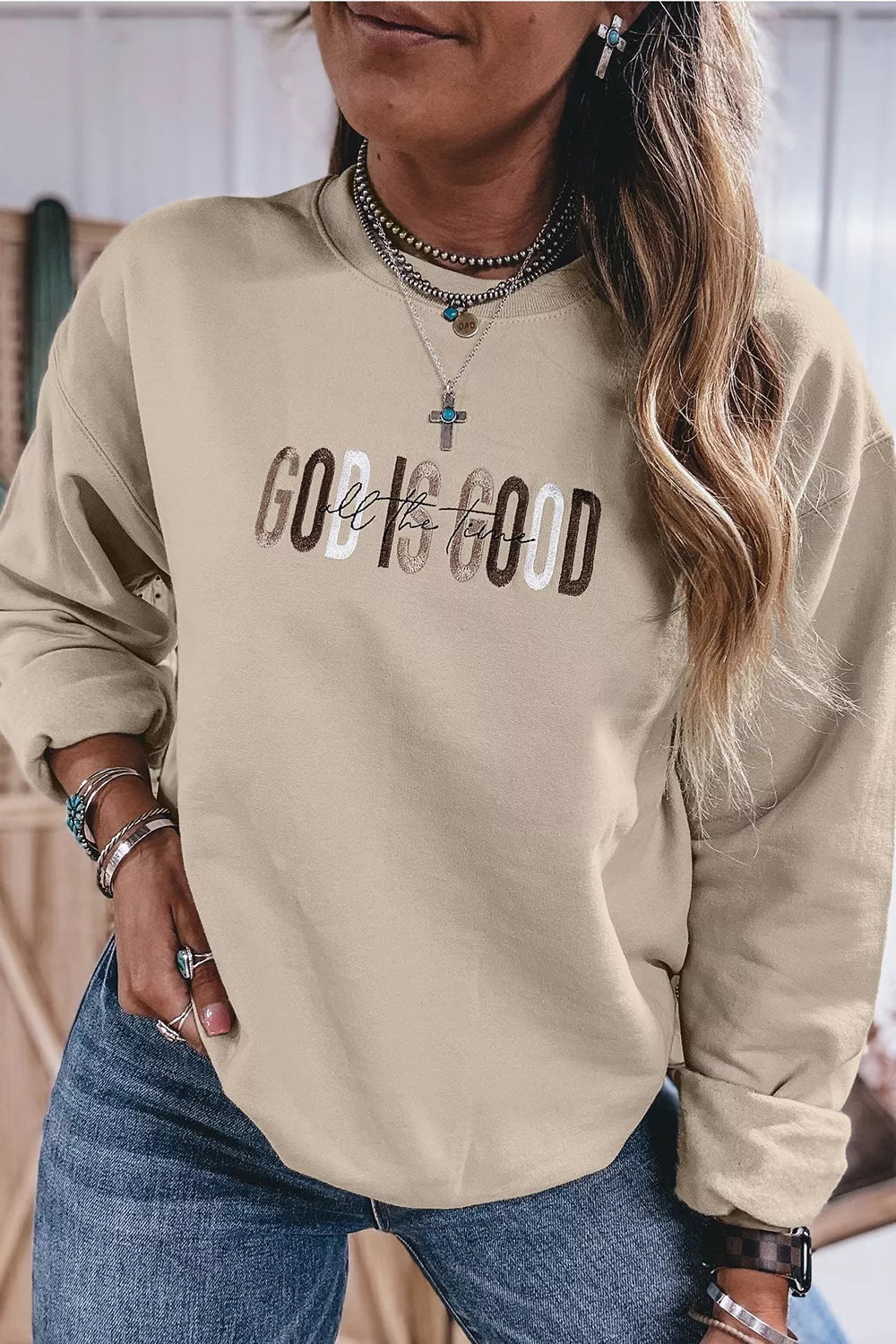 Trendsi God Is Good Letter Graphic Crew Neck Sweatshirt -