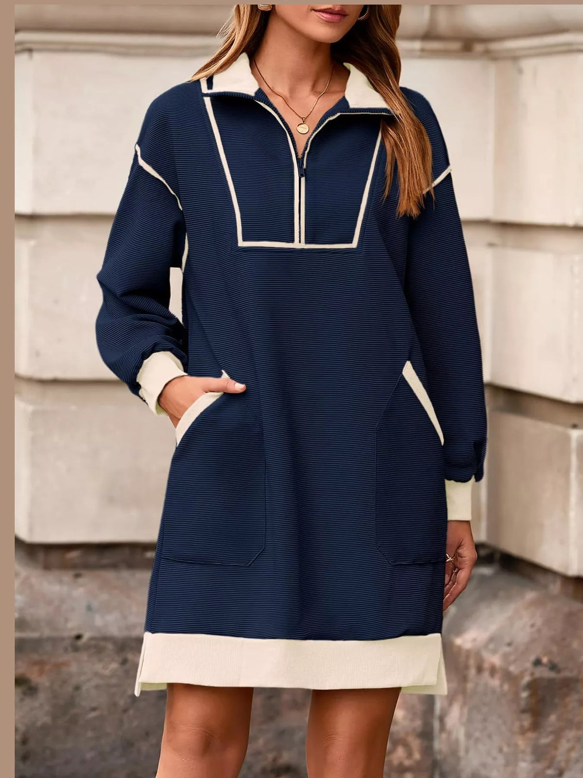 Navy color block quarter-zip sweatshirt dress — front view