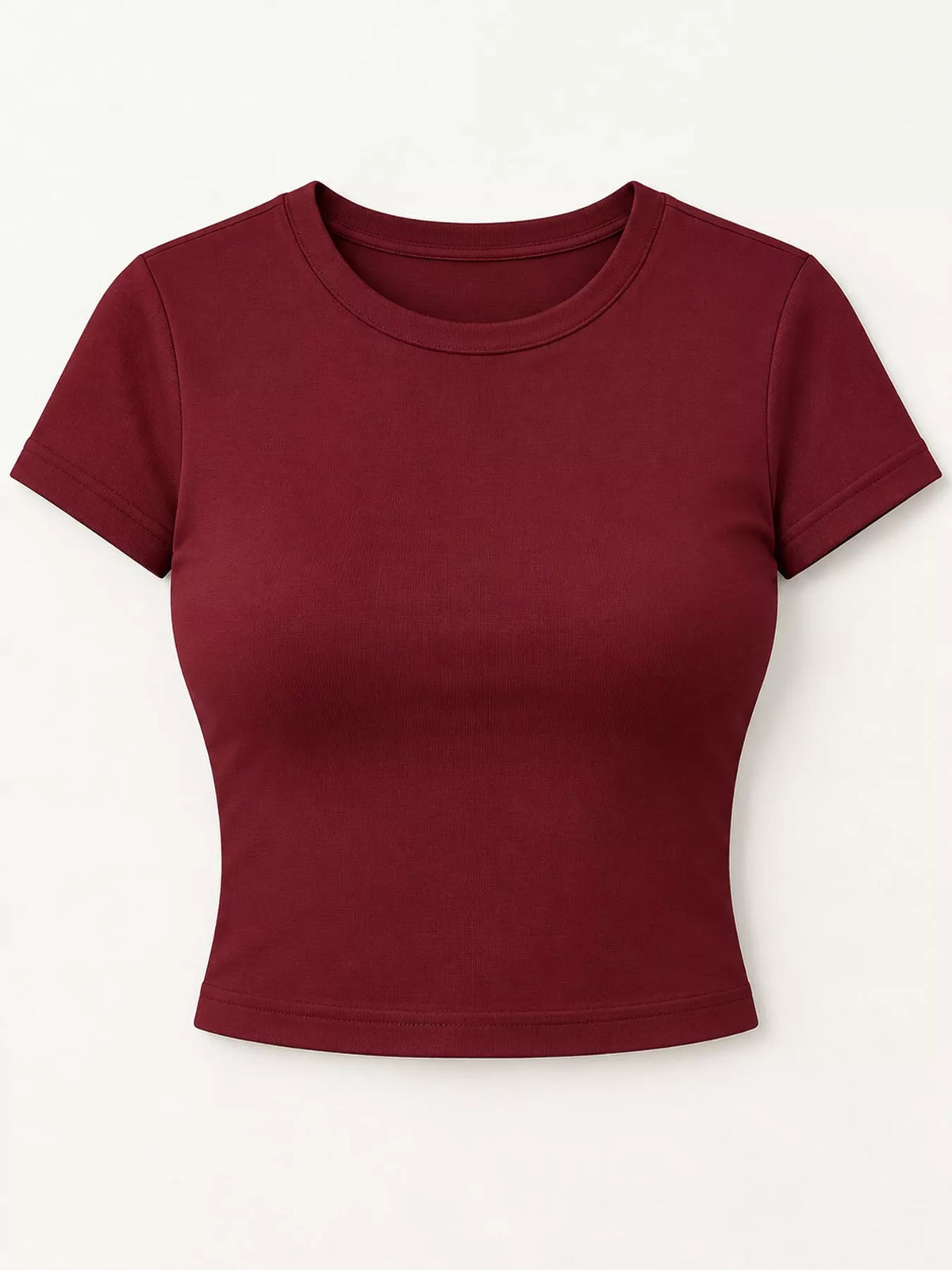 Burgundy crew neck crop T-shirt, front product view