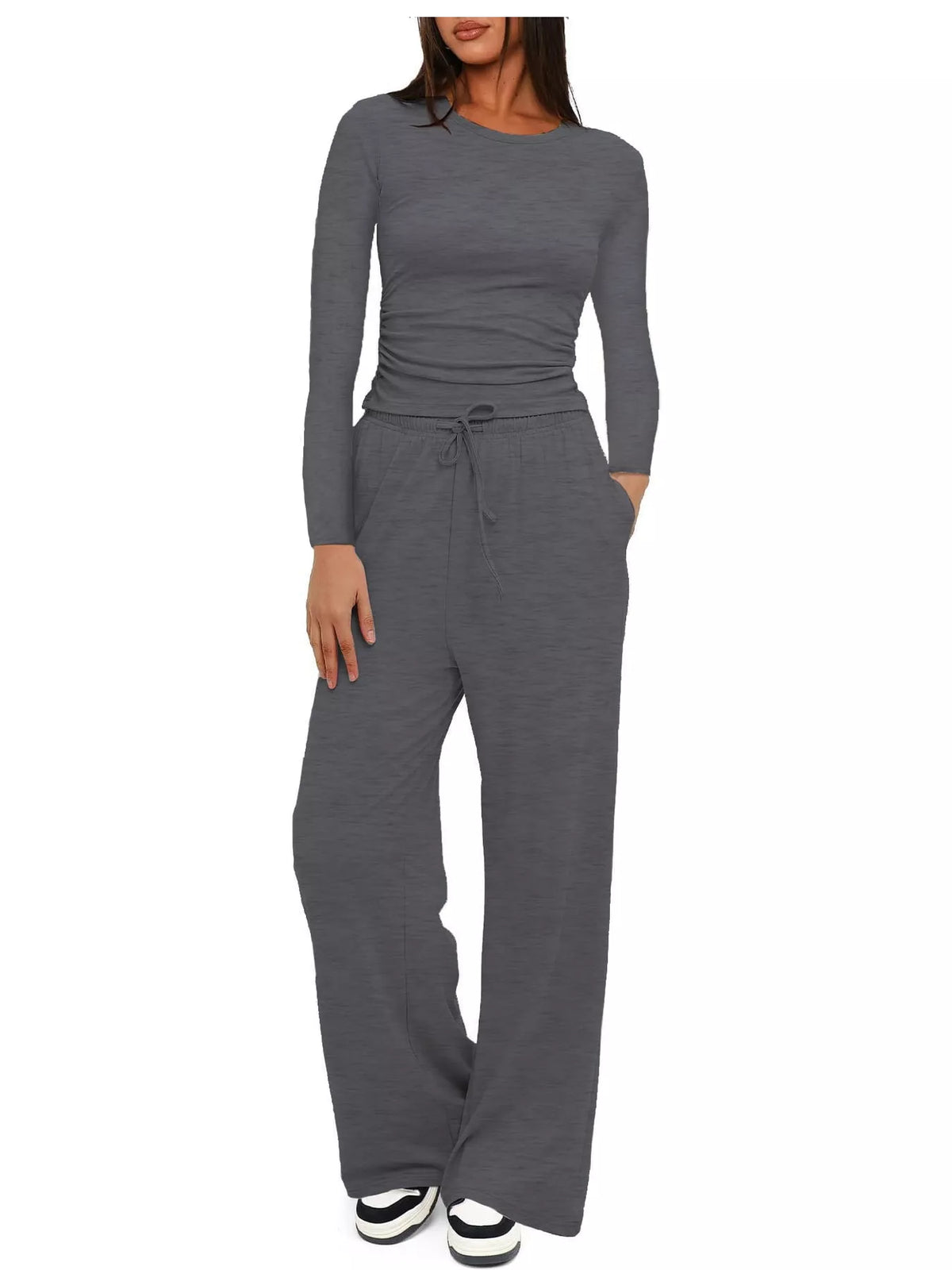 Long Sleeve Ruched Top and Wide-Leg Drawstring Pants Set — front view