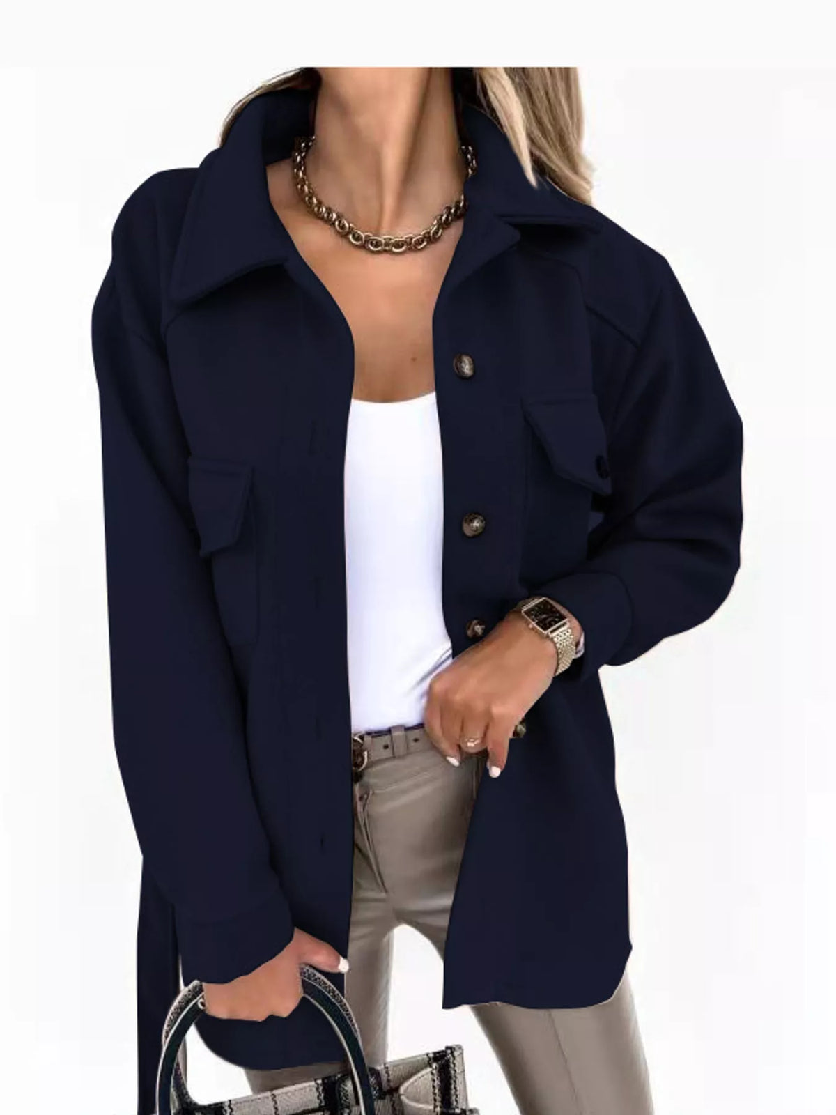Belted Button-Down Shirt Jacket — front view