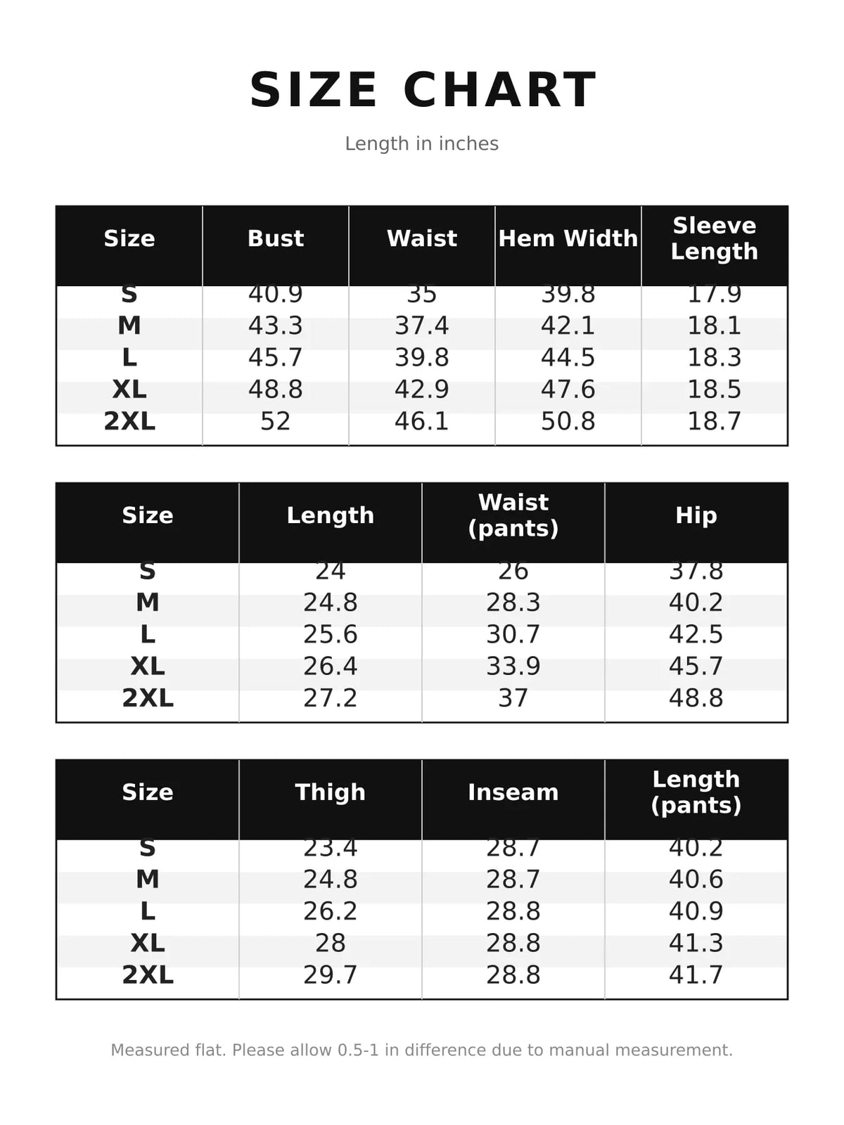 Long Sleeve Polo Collar Top and Pants Set — size and measurement chart