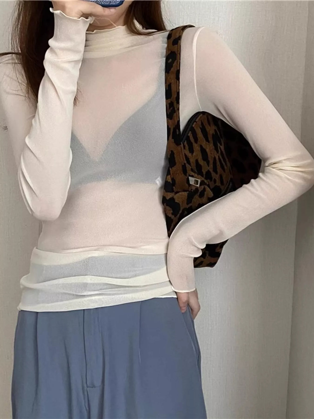 Cream sheer turtleneck mesh t-shirt