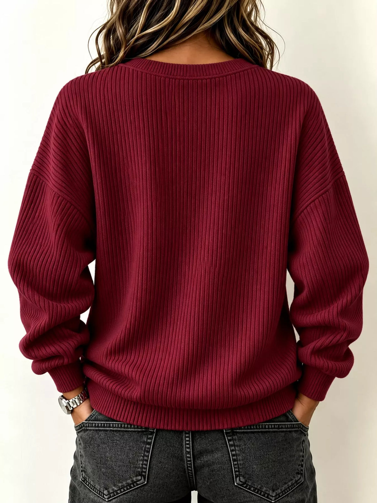Women's Quarter-Zip Dropped Shoulder Sweatshirt in burgundy — back view