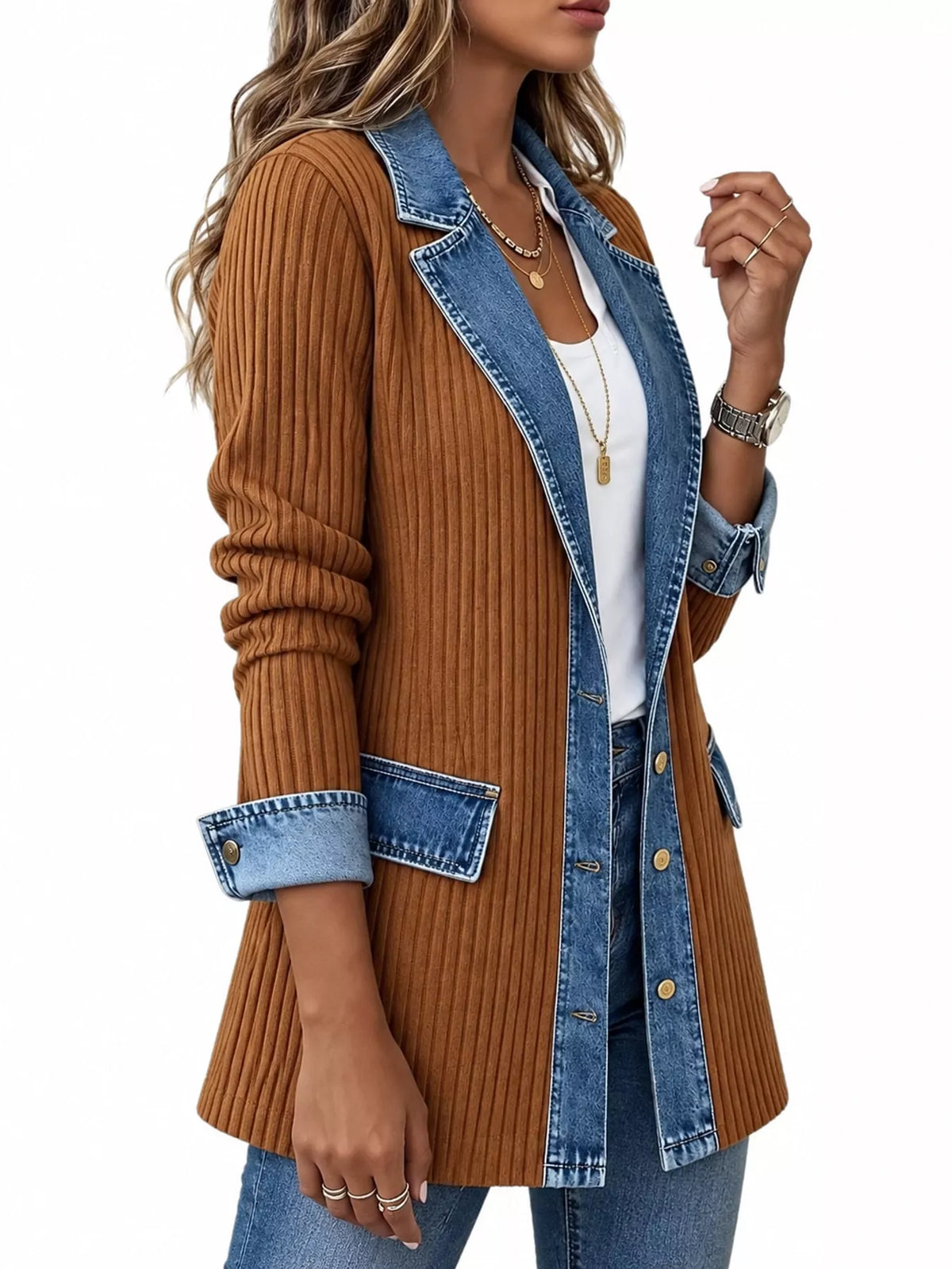 Brown denim trim ribbed knit cardigan, side view