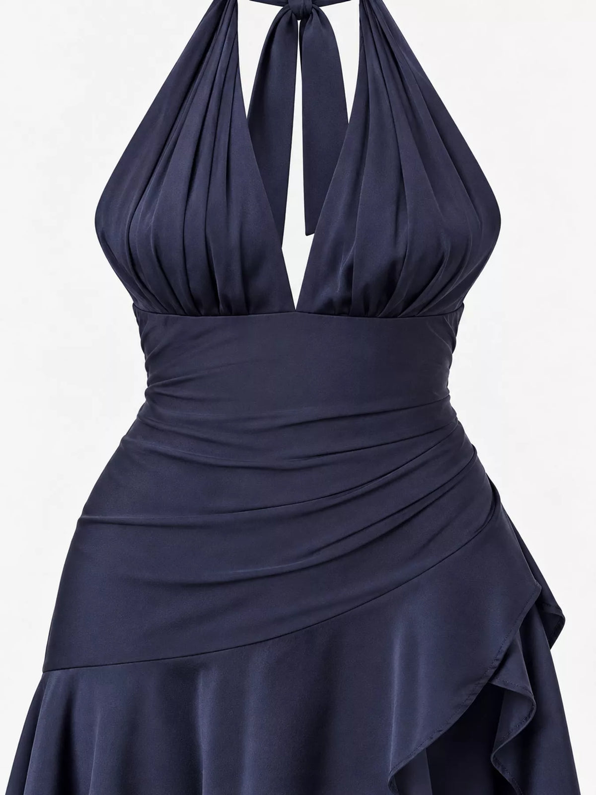 Satin Halter Neck High-Slit Maxi Dress in navy blue