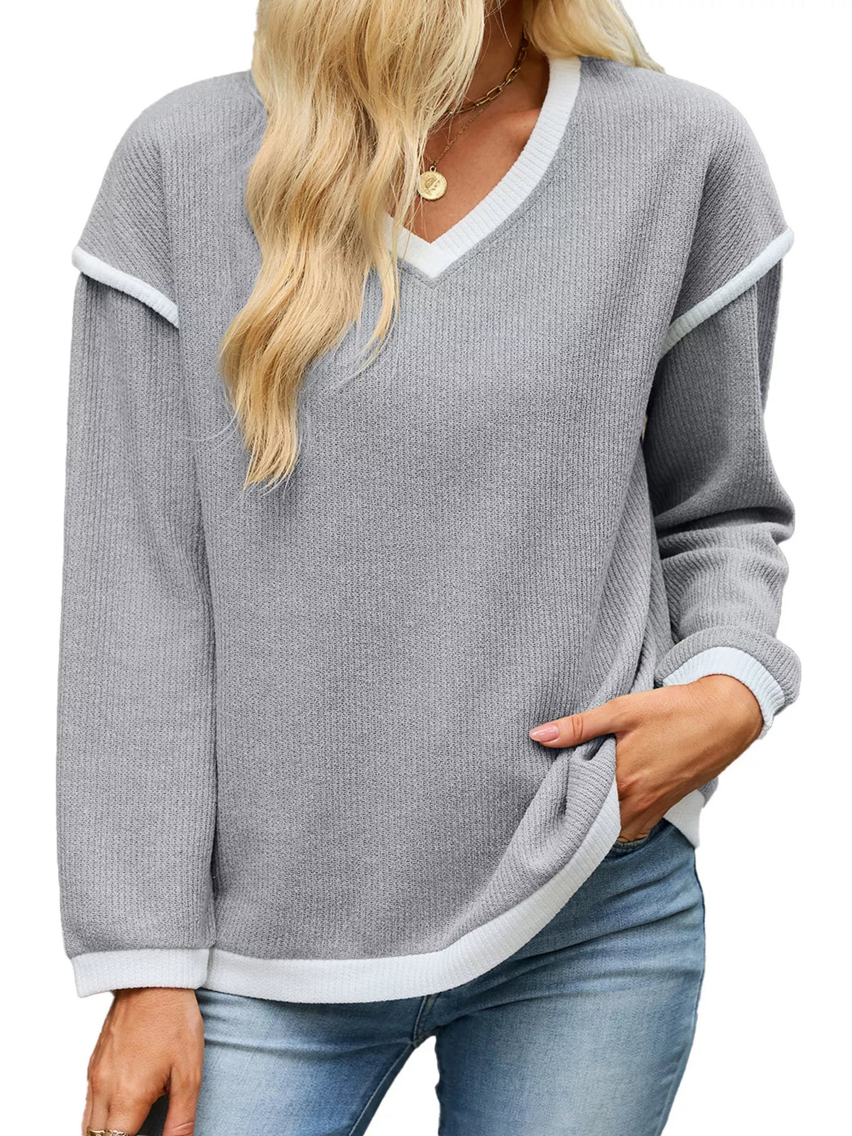 Gray contrast-trim V-neck sweater, front view