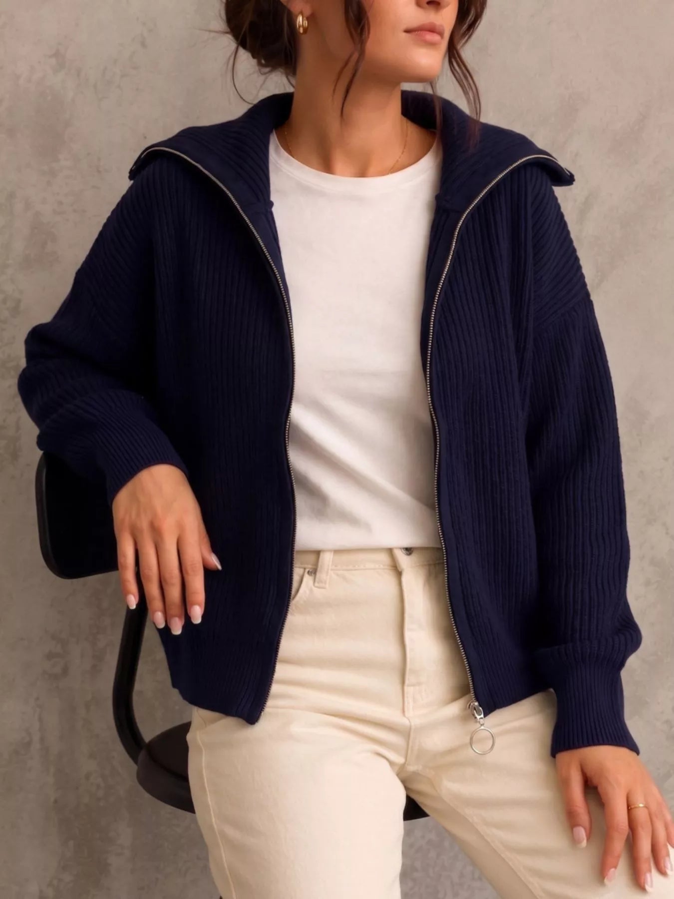 Trendsi Zip Up Dropped Shoulder Cardigan -
