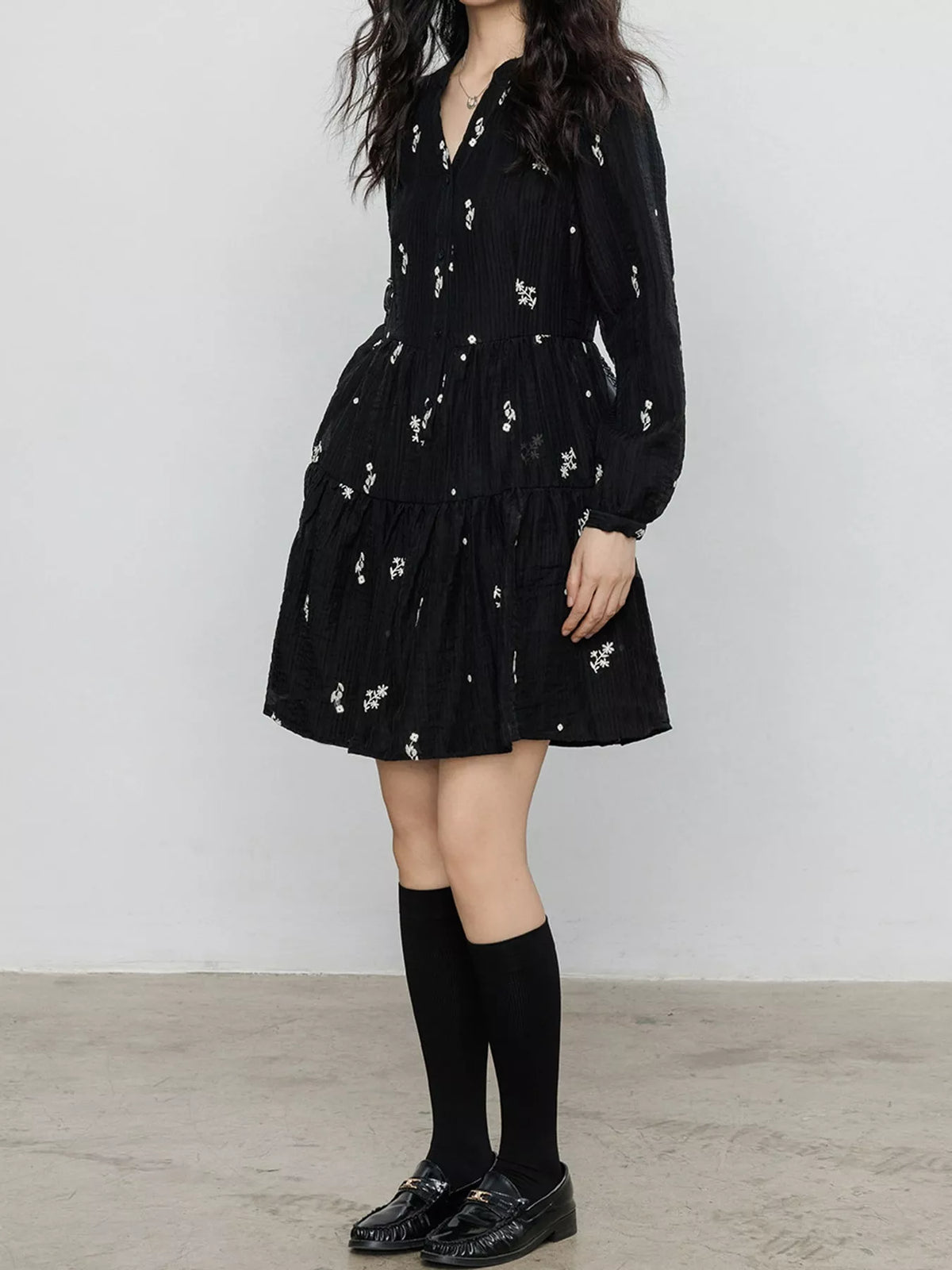 Women's Floral Long Sleeve Mini Dress in black floral — side view
