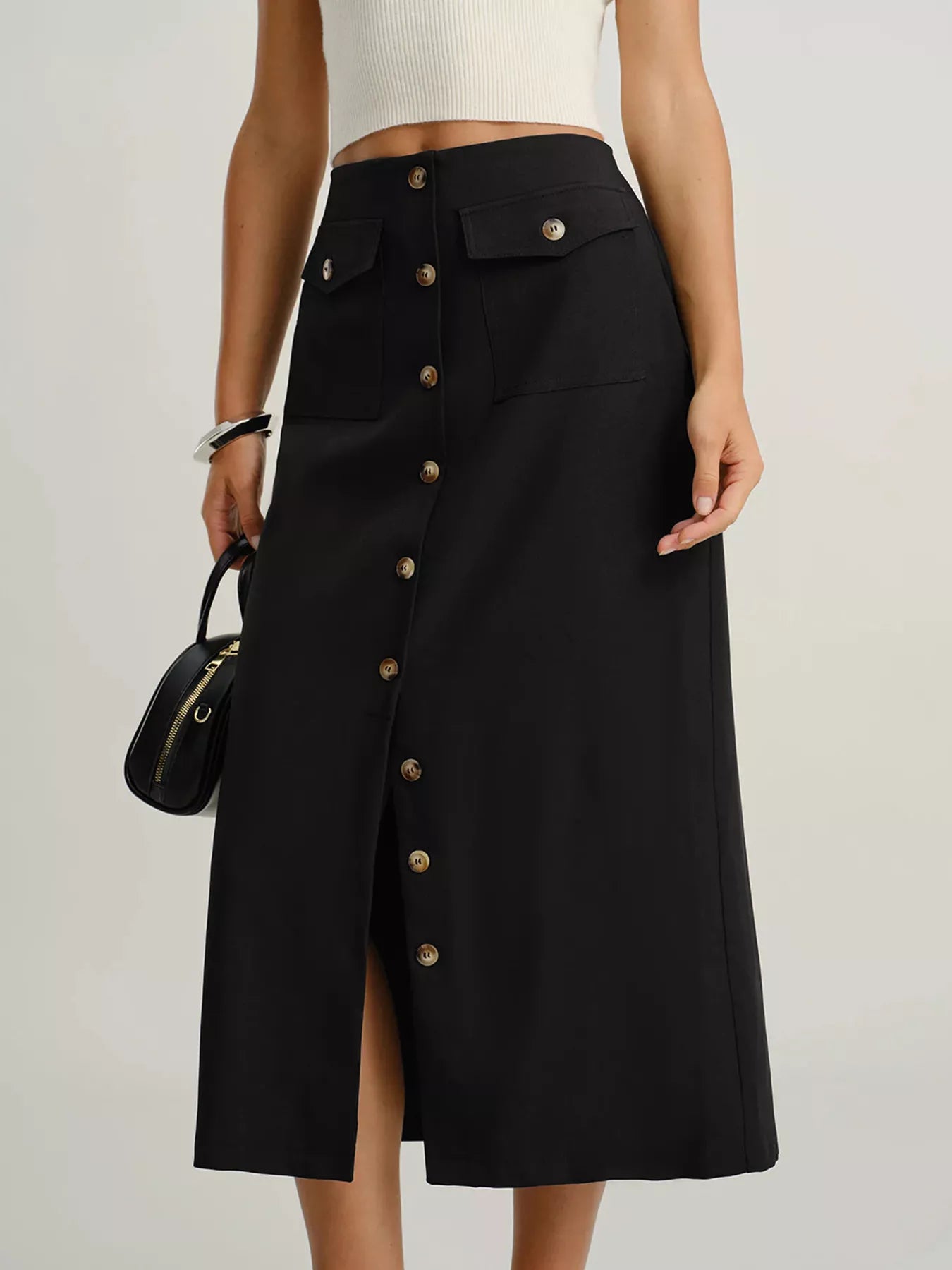 Trendsi Button-Front Pocketed Midi Skirt -