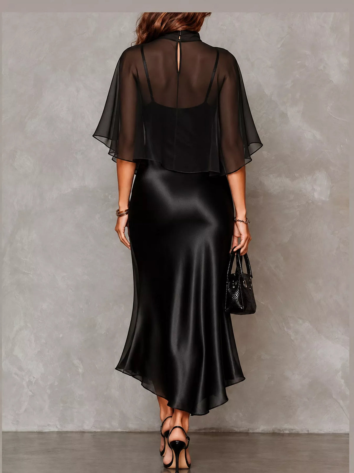 Black satin cami dress and sheer cover up set — back view