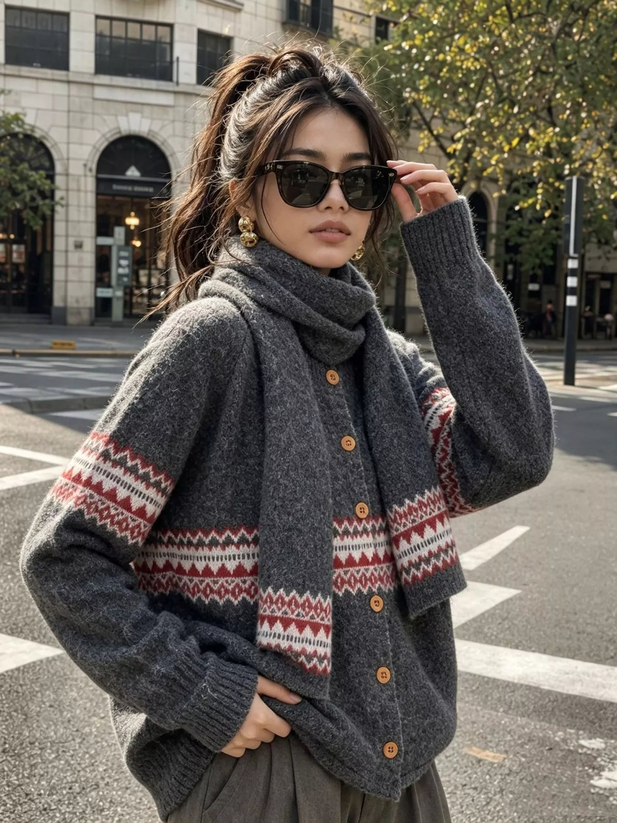 Charcoal geometric button-front knit cardigan, angled front view.