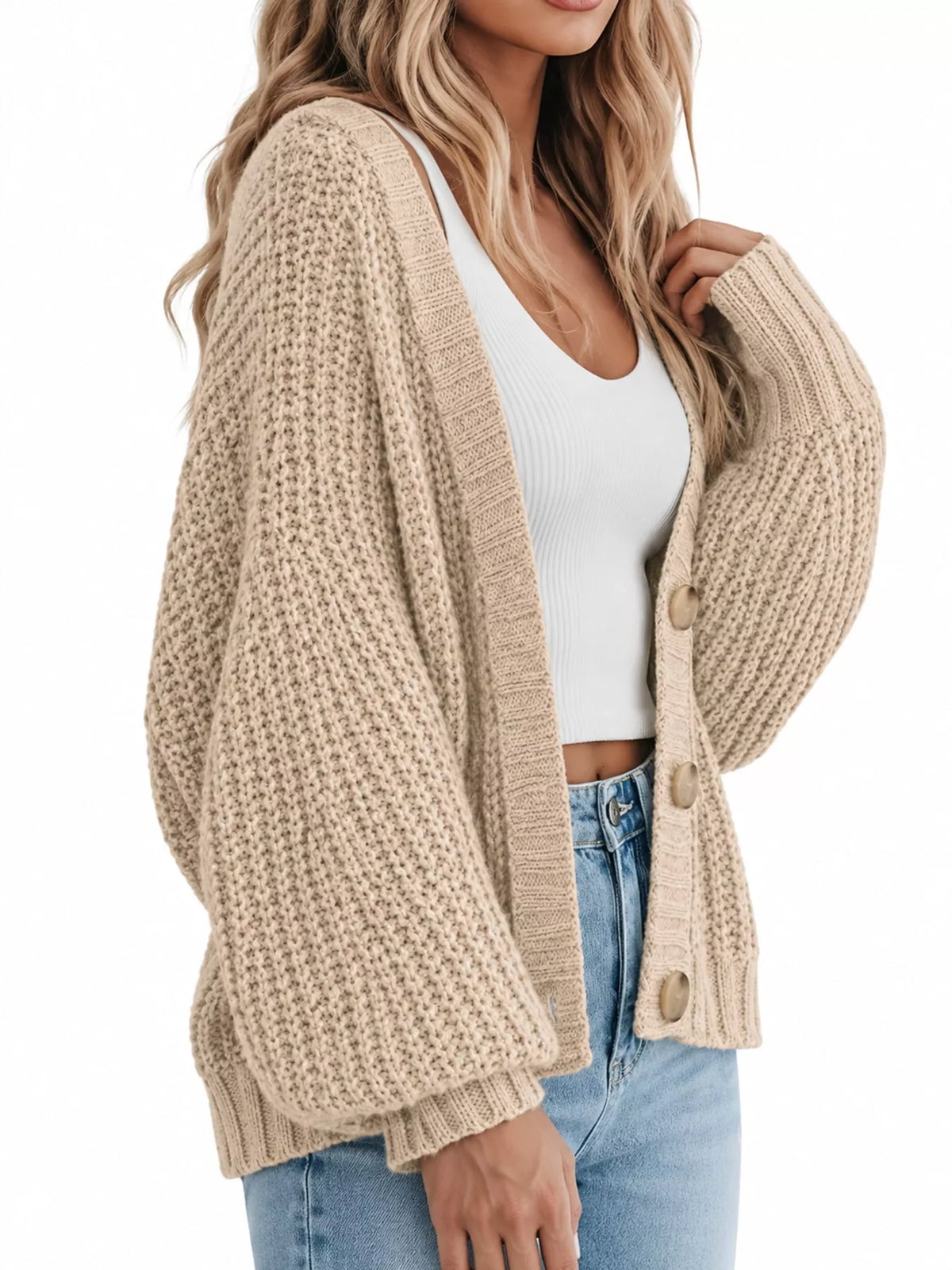 Button cardigan, beige side