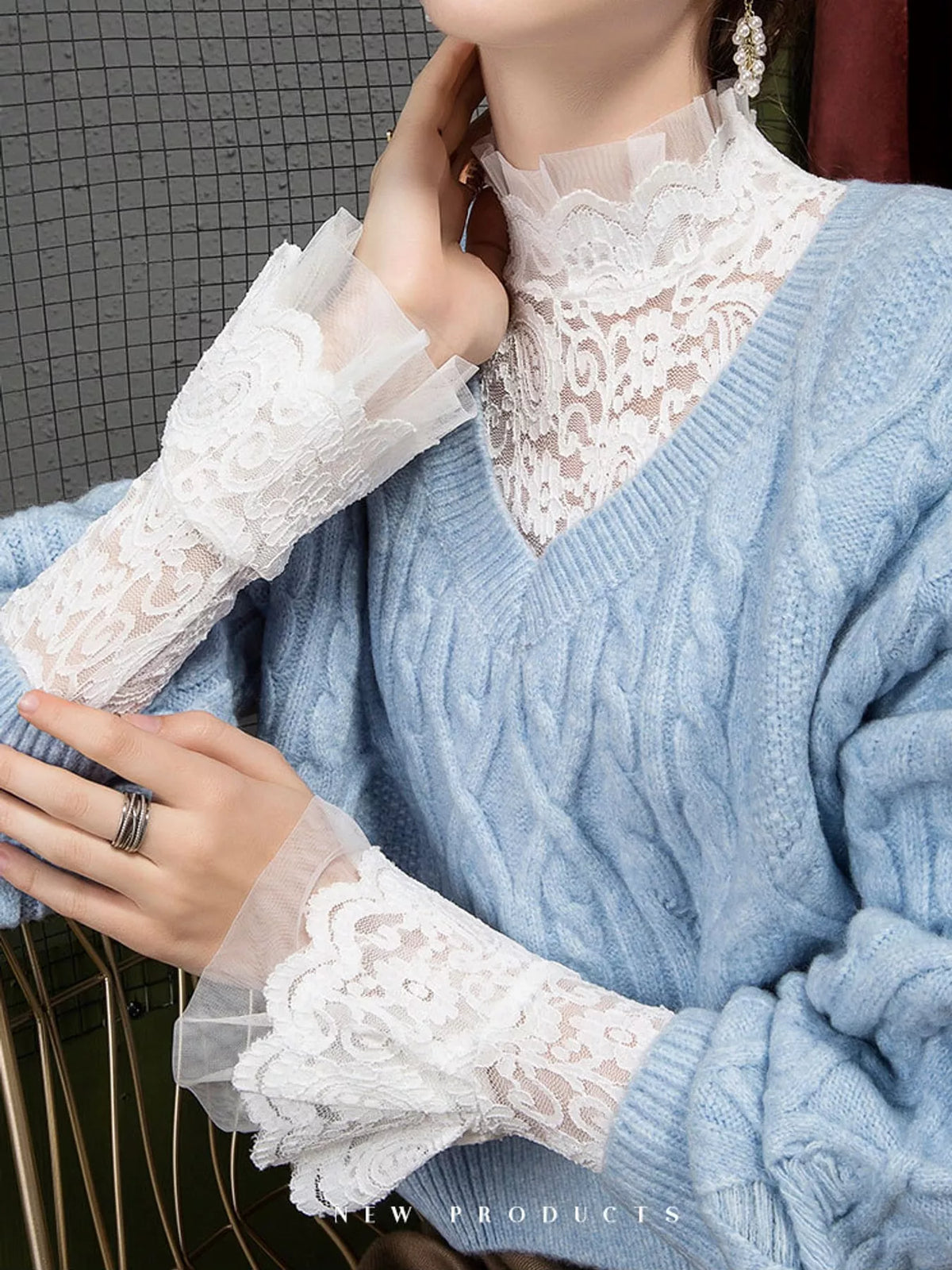 White lace mock neck blouse
