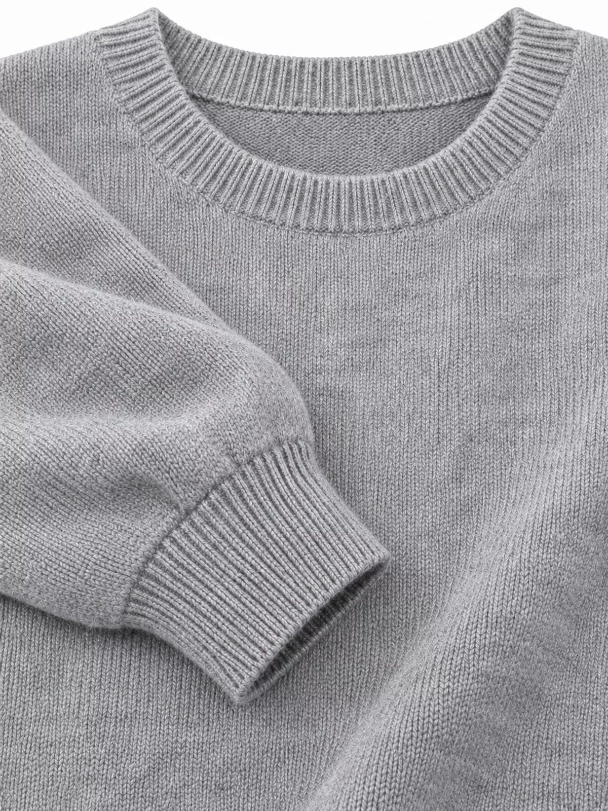 Gray crew neck sweater, detail view