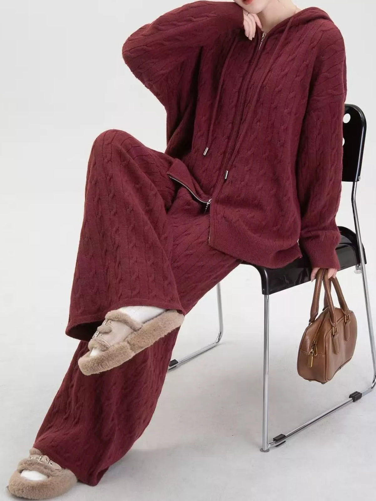Cable-knit cardigan and pants set, burgundy seated view