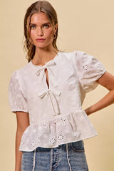 Trendsi SO ME Cotton Eyelet Front Tie Short Sleeves Blouse -