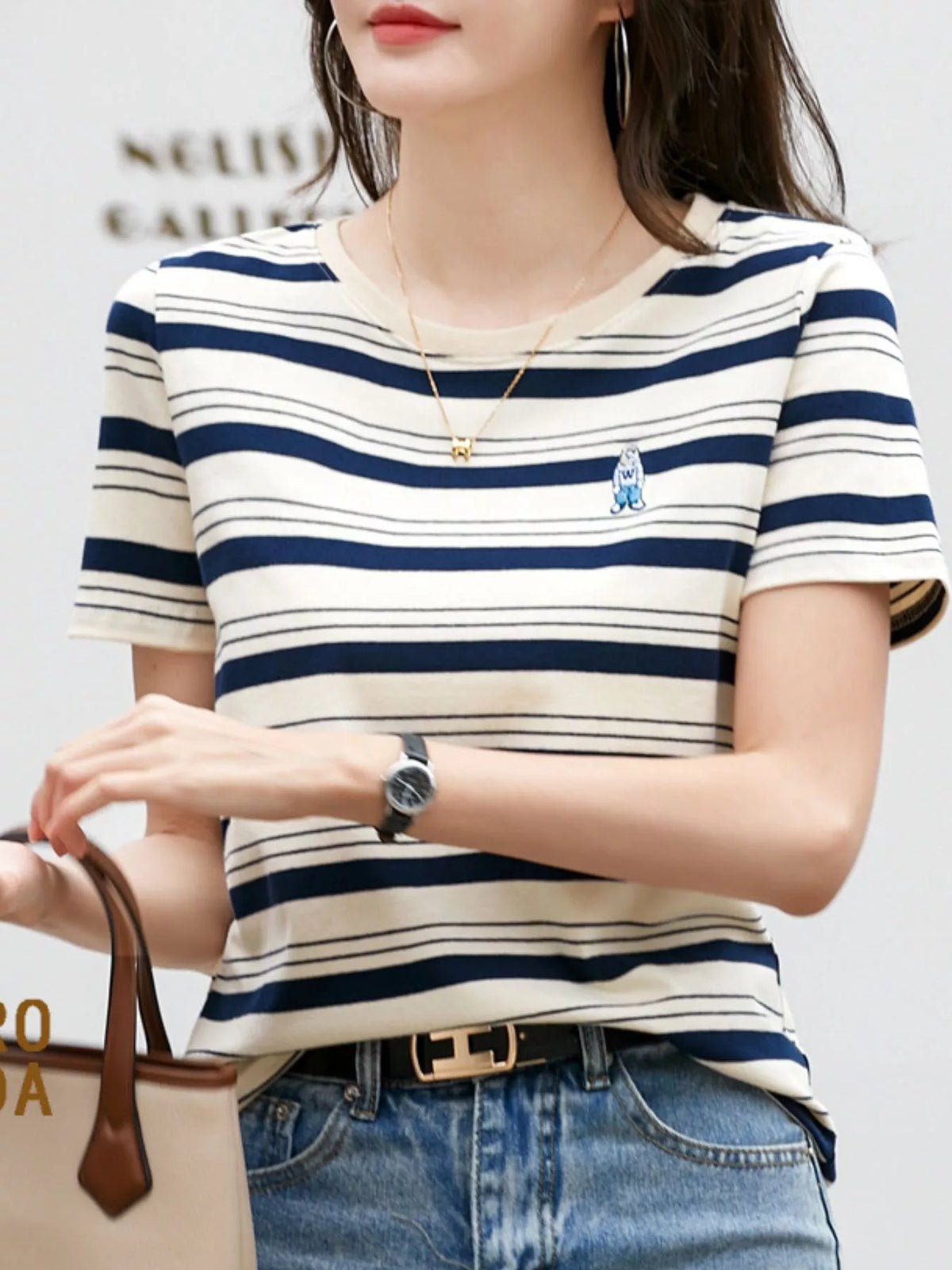 Navy and white striped crew neck embroidered t-shirt