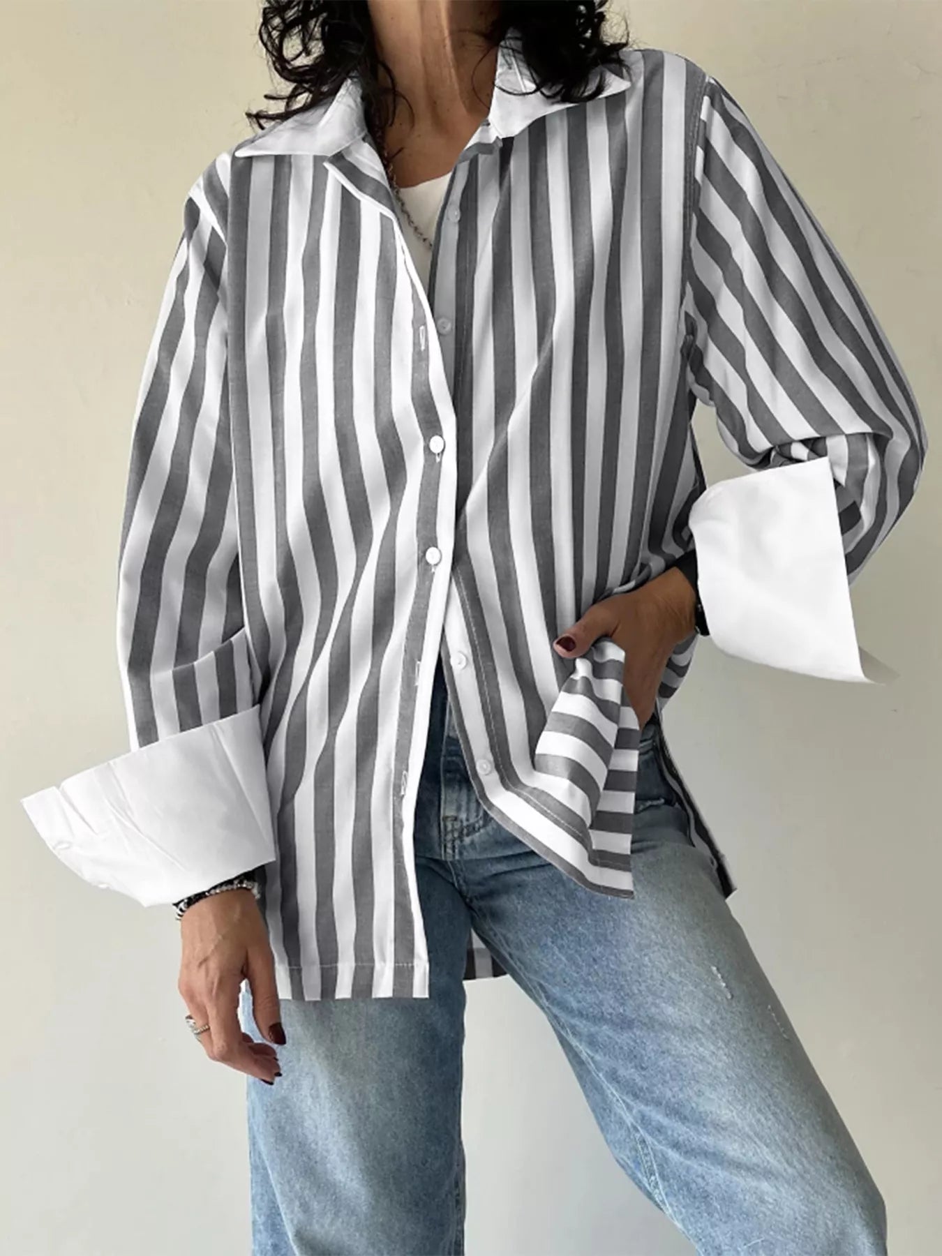 Trendsi Striped Button-Up Long Sleeve Shirt -