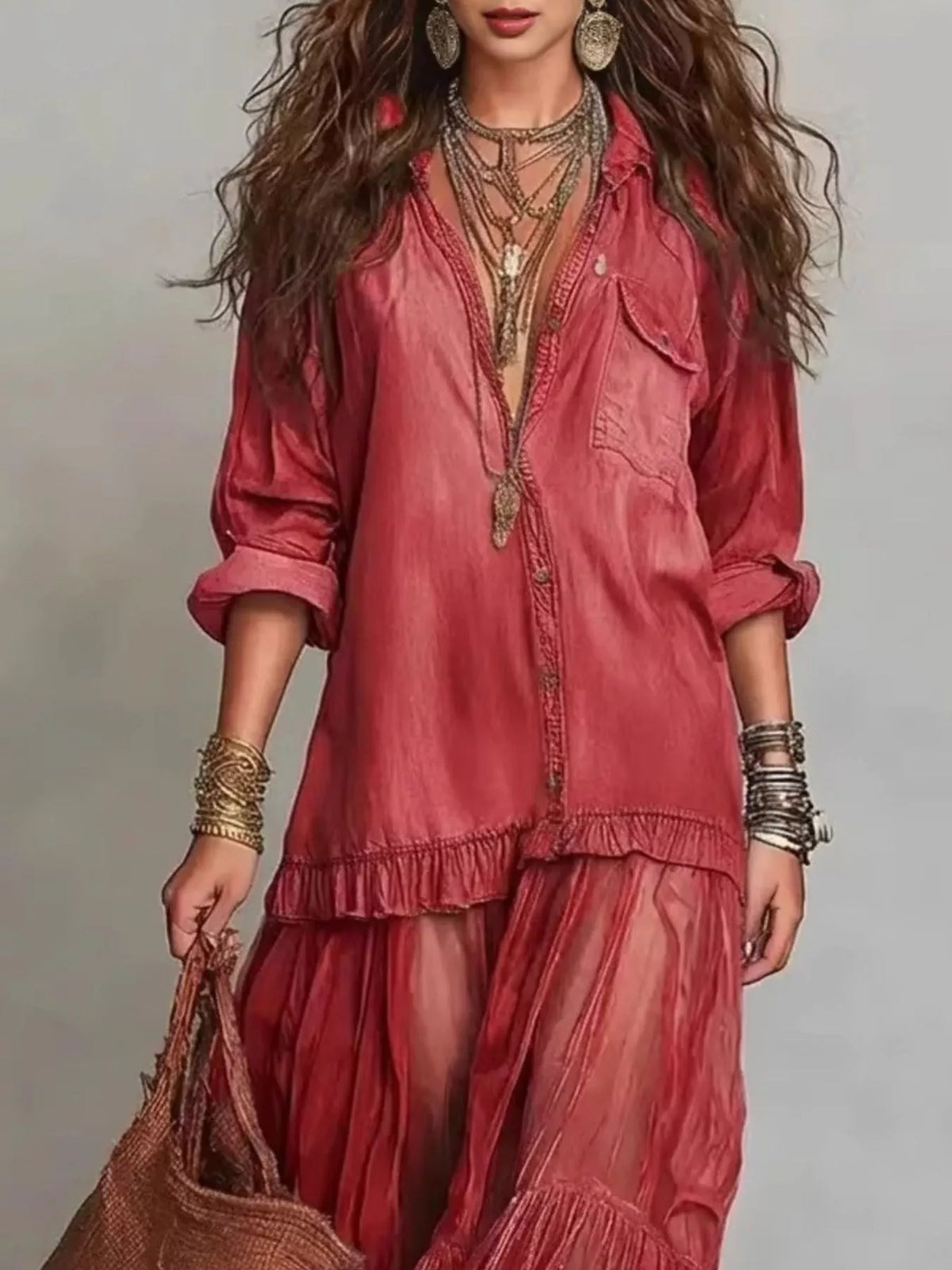 Red sheer tiered long sleeve maxi dress — design and construction details