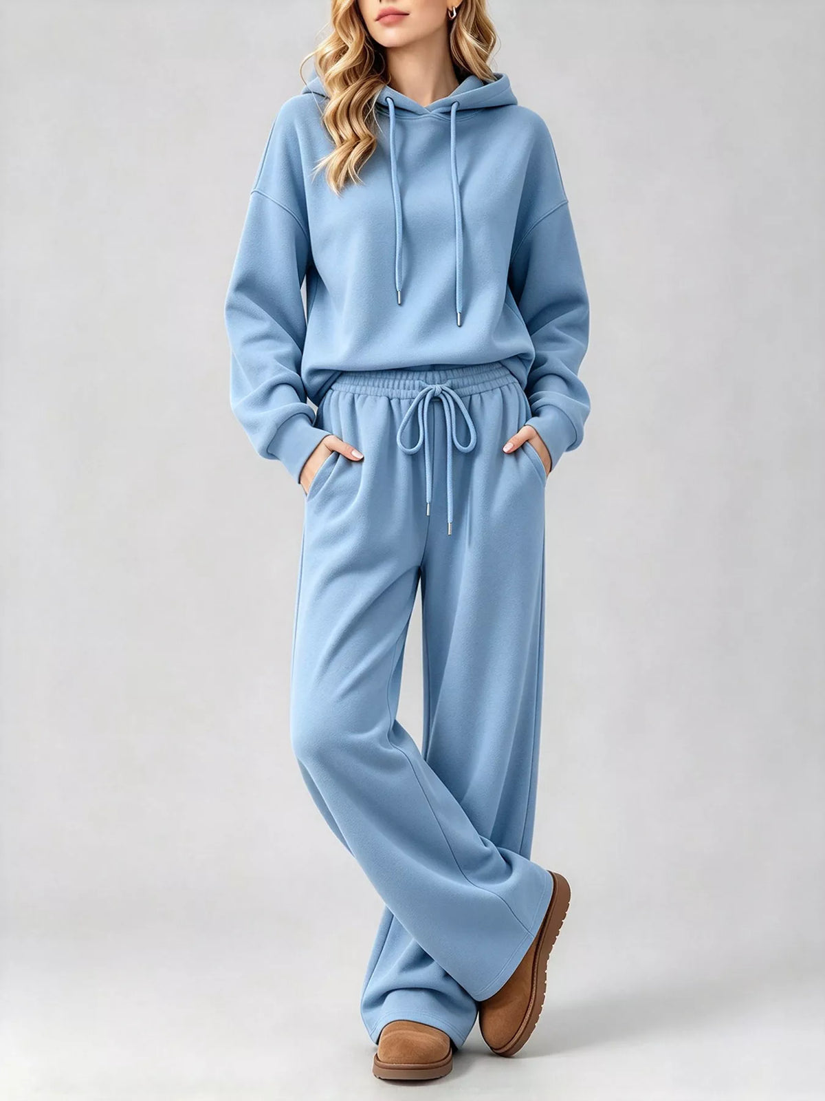 Sky Blue dropped shoulder hoodie and wide-leg pants set