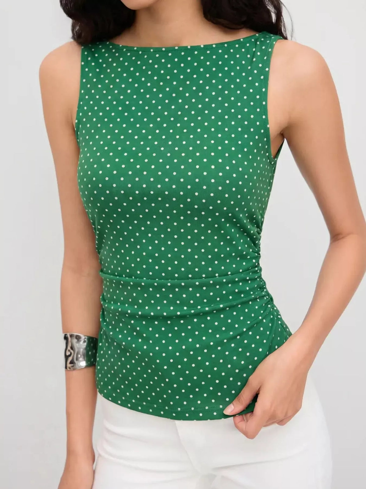 Polka Dot Print Sleeveless Tank Top with Tie Back in green and white
