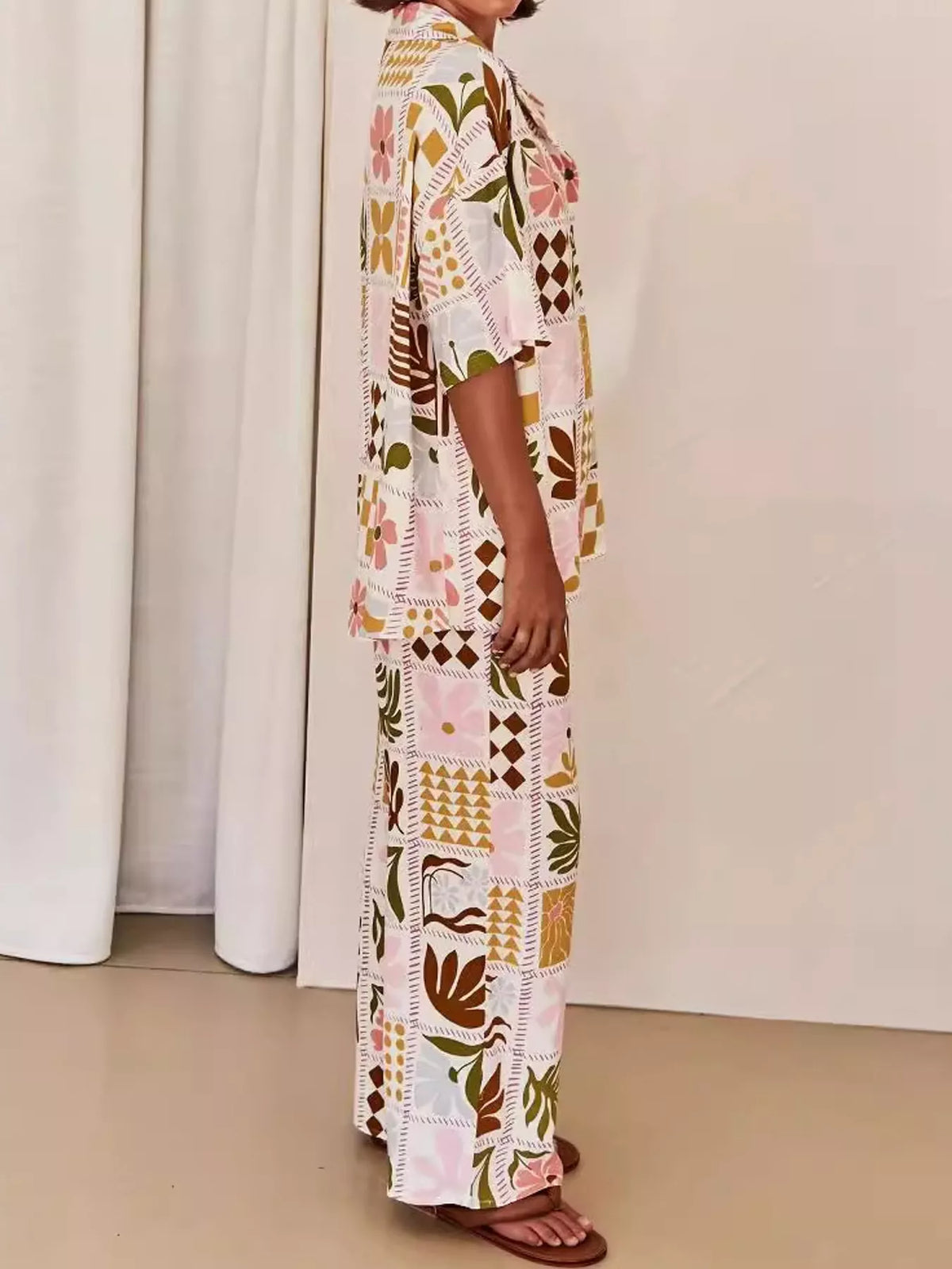 Printed Button Up Shirt and Pants Set in multicolor