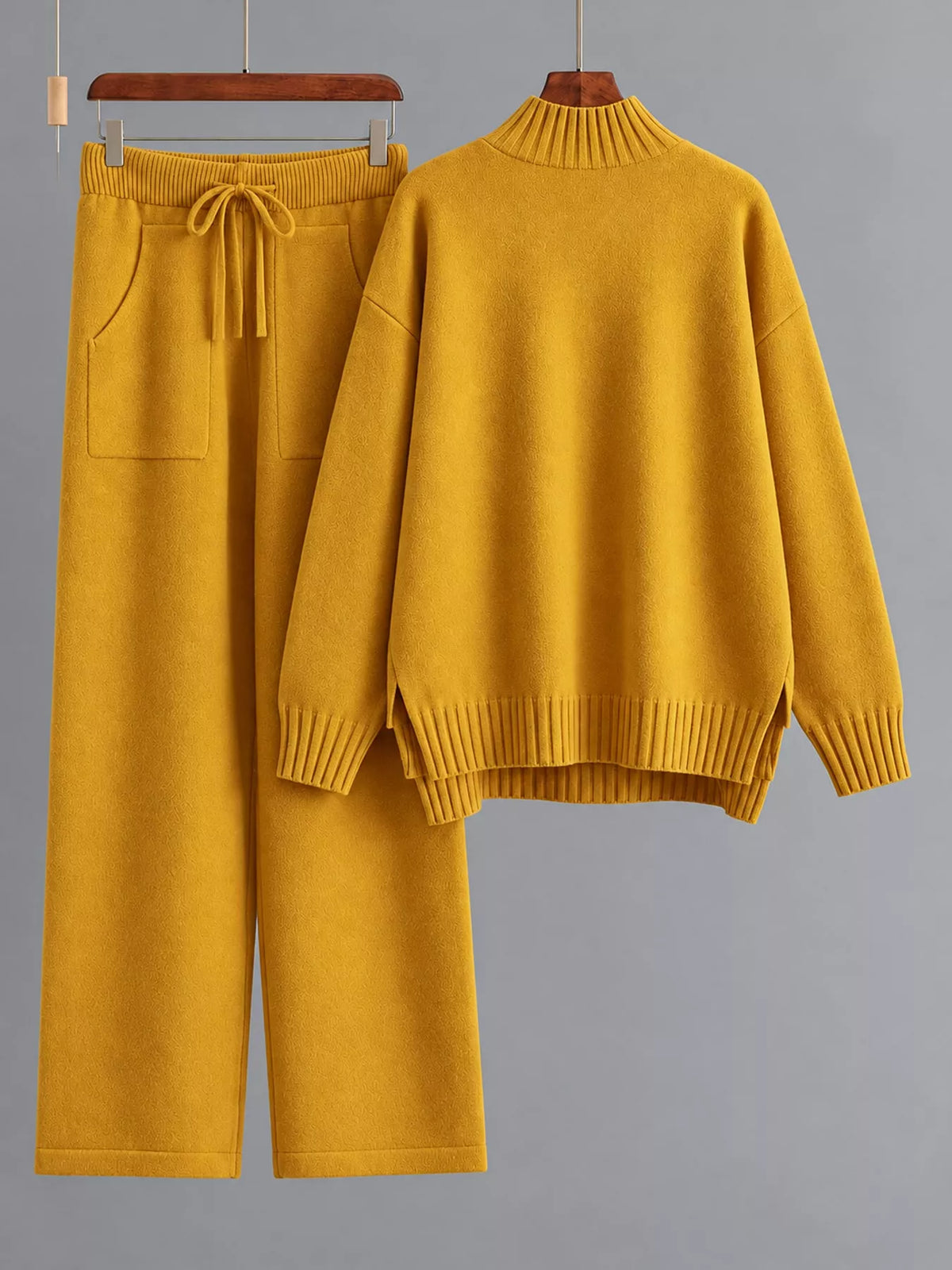 Mock Neck Sweater and Wide-Leg Pants Knit Set — garment front