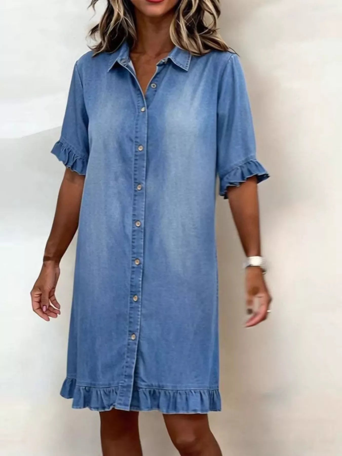 Trendsi Full Size Ruffled Hem Denim Shirt Dress Plus Size -