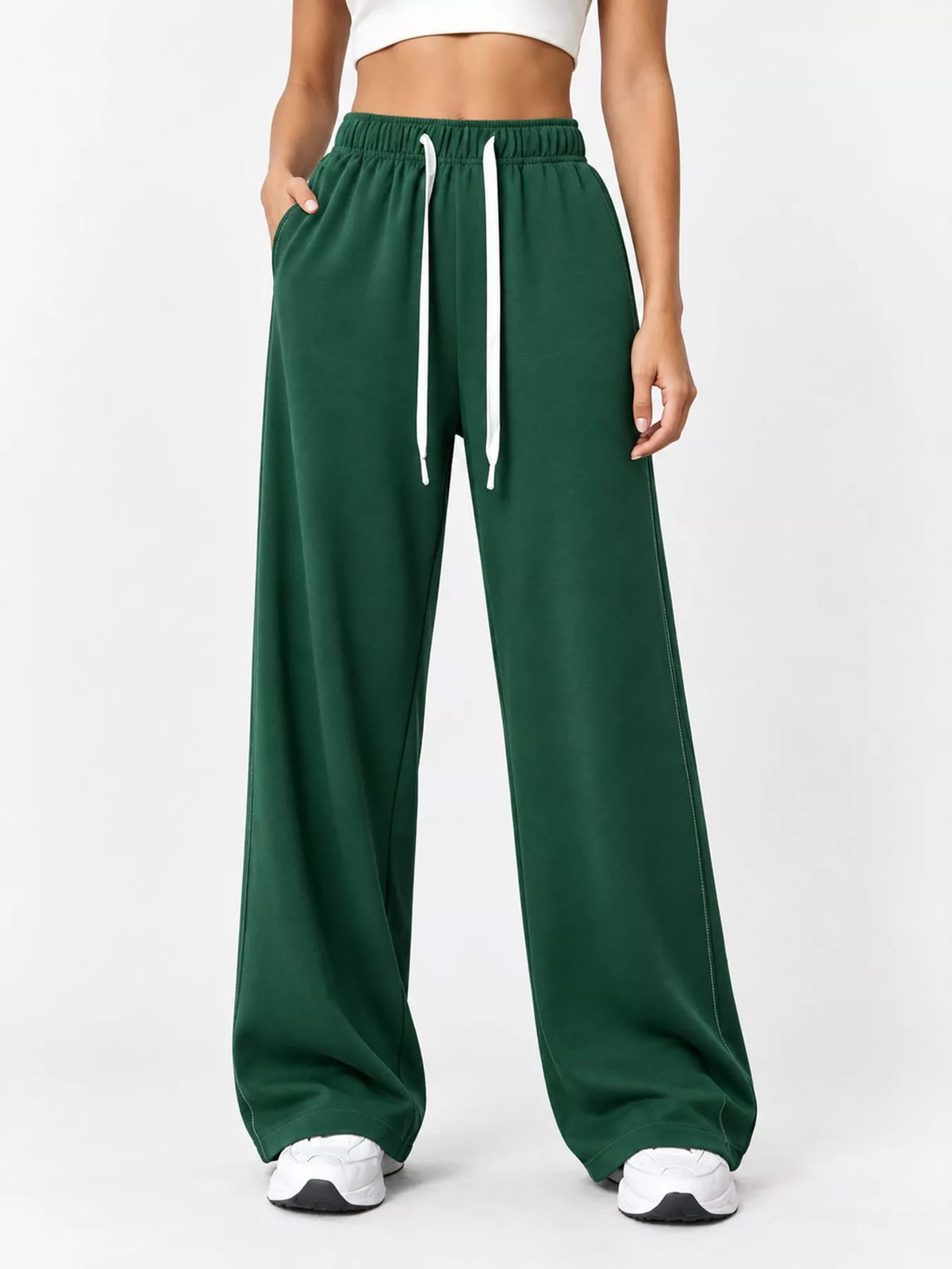 Forest green wide-leg pants with drawstring