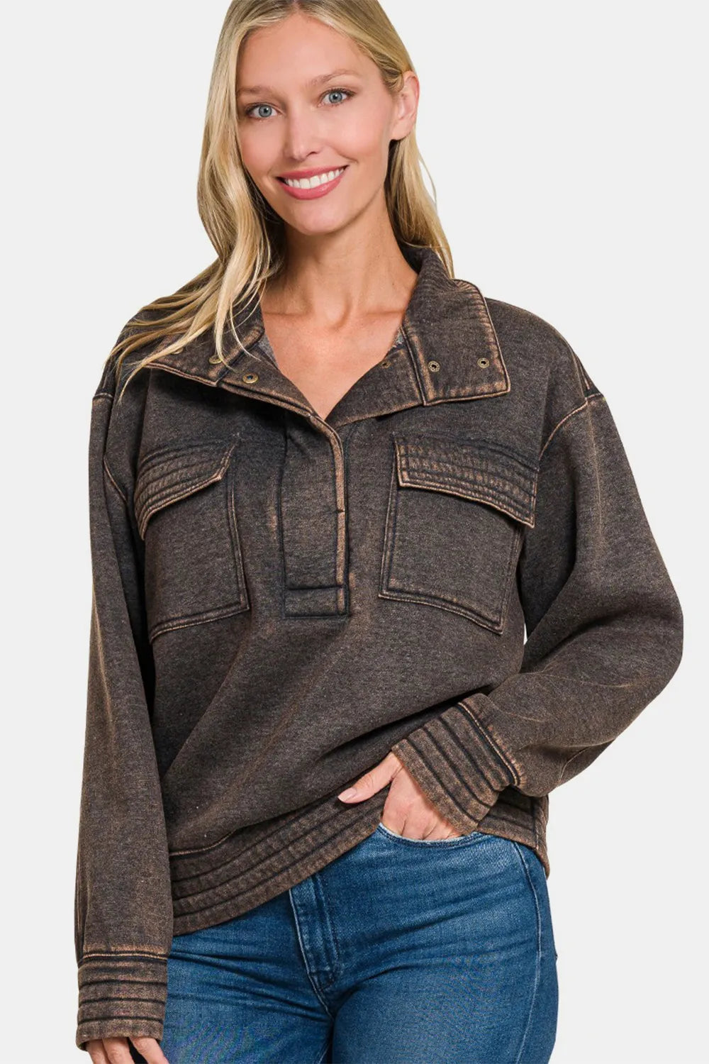 Women's Acid-Washed Cotton-Blend Half-Snap Fleece Sweatshirt — product view 1