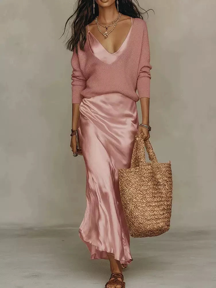 Satin Maxi Dress Two-Piece Set — front view