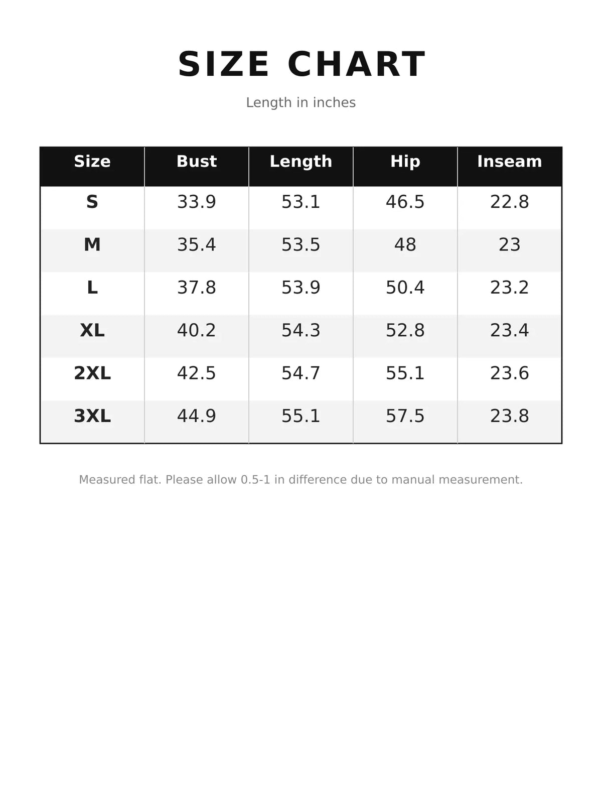 Wide-leg jumpsuit, size chart
