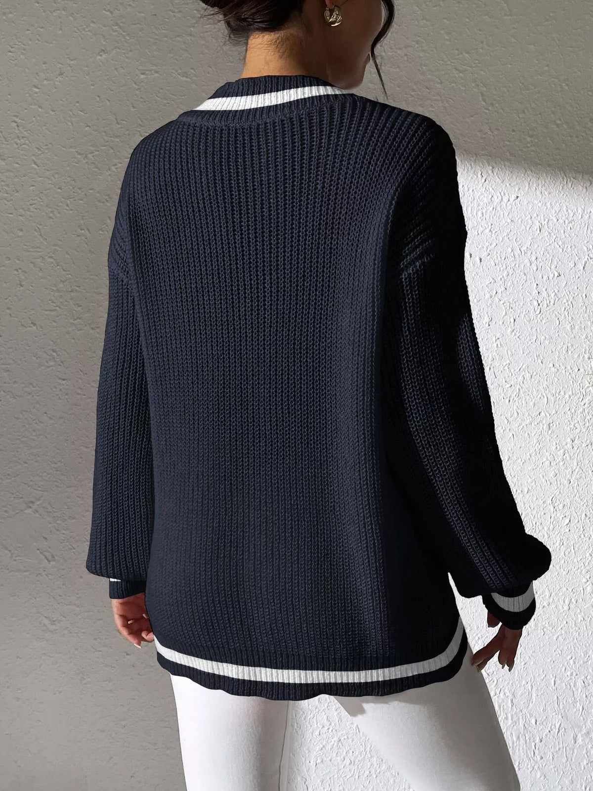 V-neck contrast-trim sweater with pearl decor in navy, back view