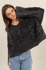 Trendsi HYFVE Cable Knit V-Neck Dropped Shoulder Oversized Sweater -
