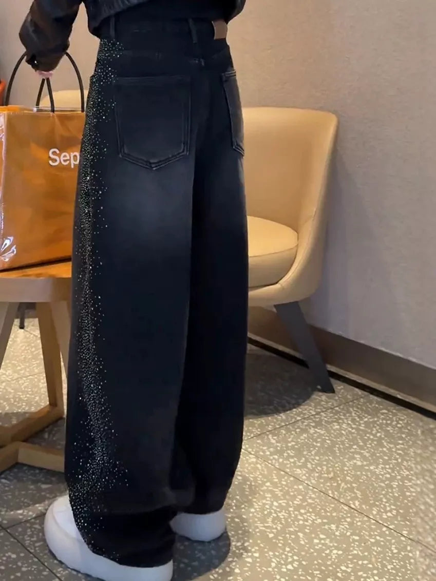 Rhinestone Embellished Wide-Leg Jeans in black