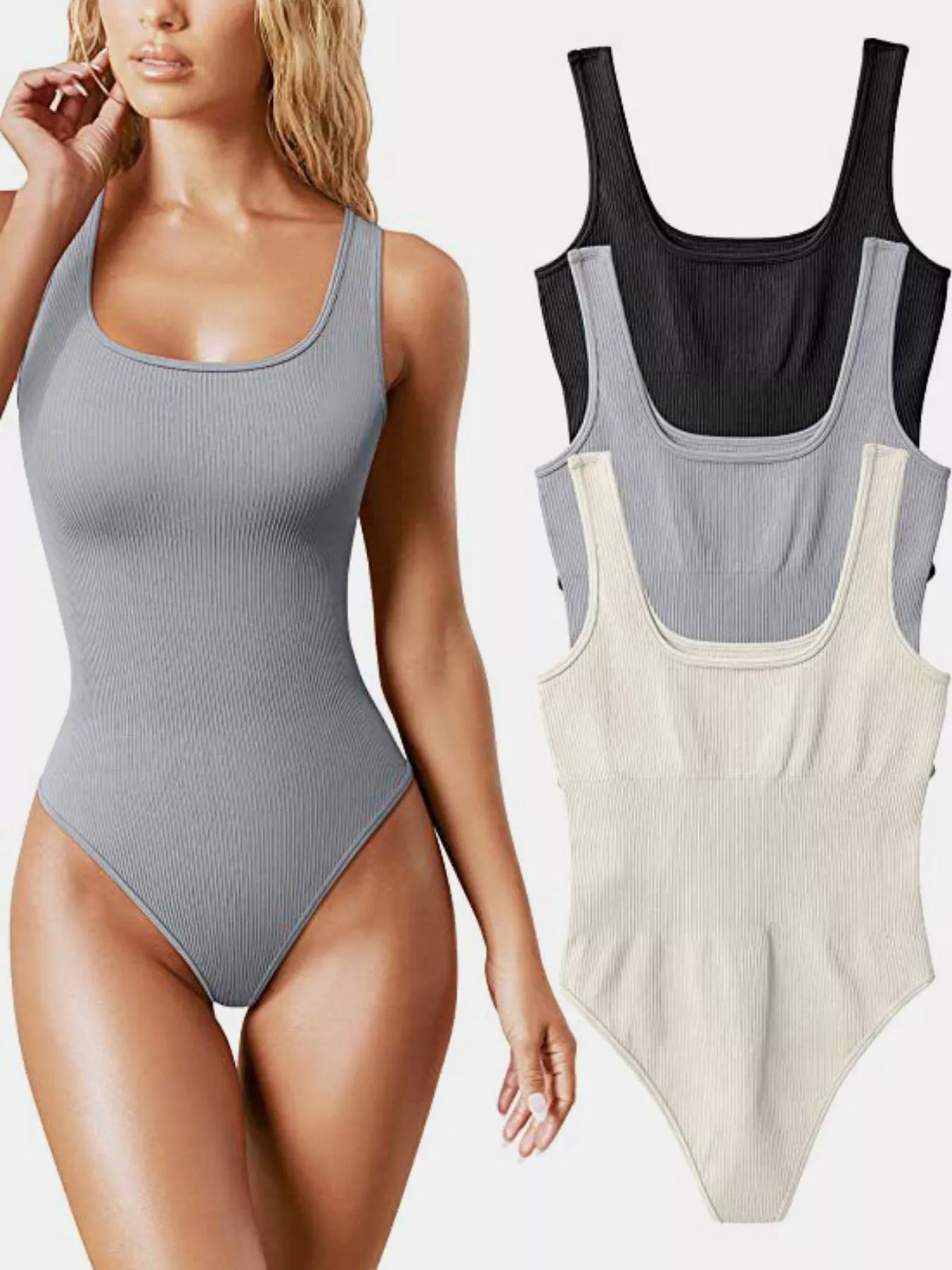 Ribbed bodysuit, gray front with color options
