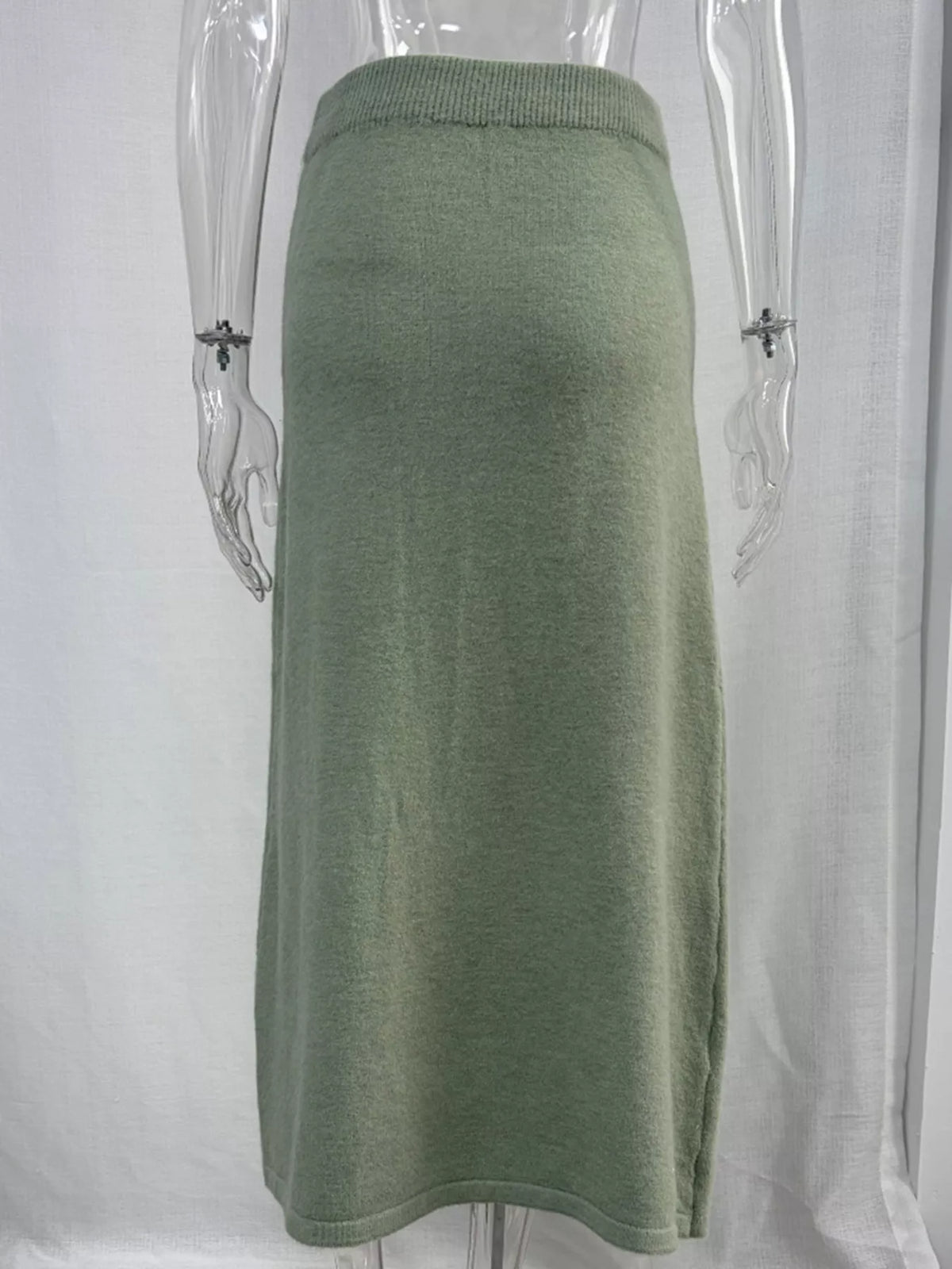 Zip-up cardigan and midi skirt knit set in sage green, skirt back view