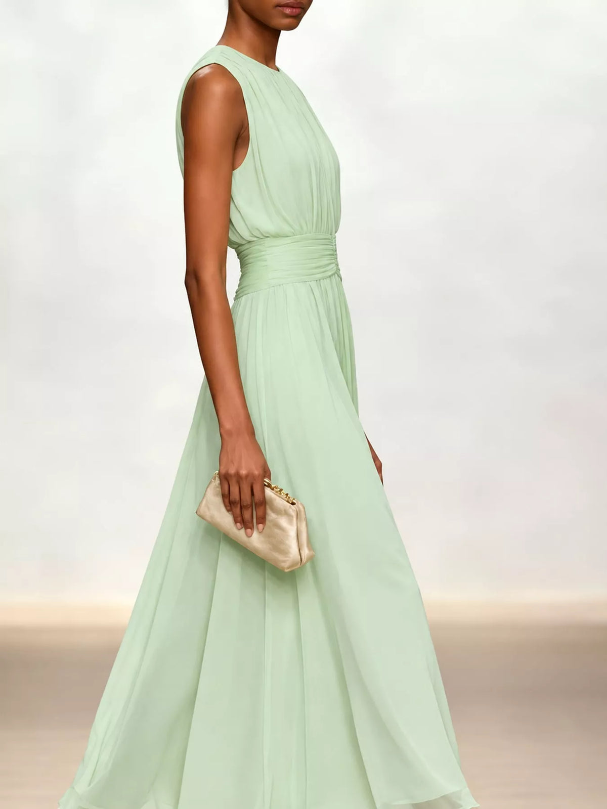Green sleeveless ruched chiffon maxi dress, side view