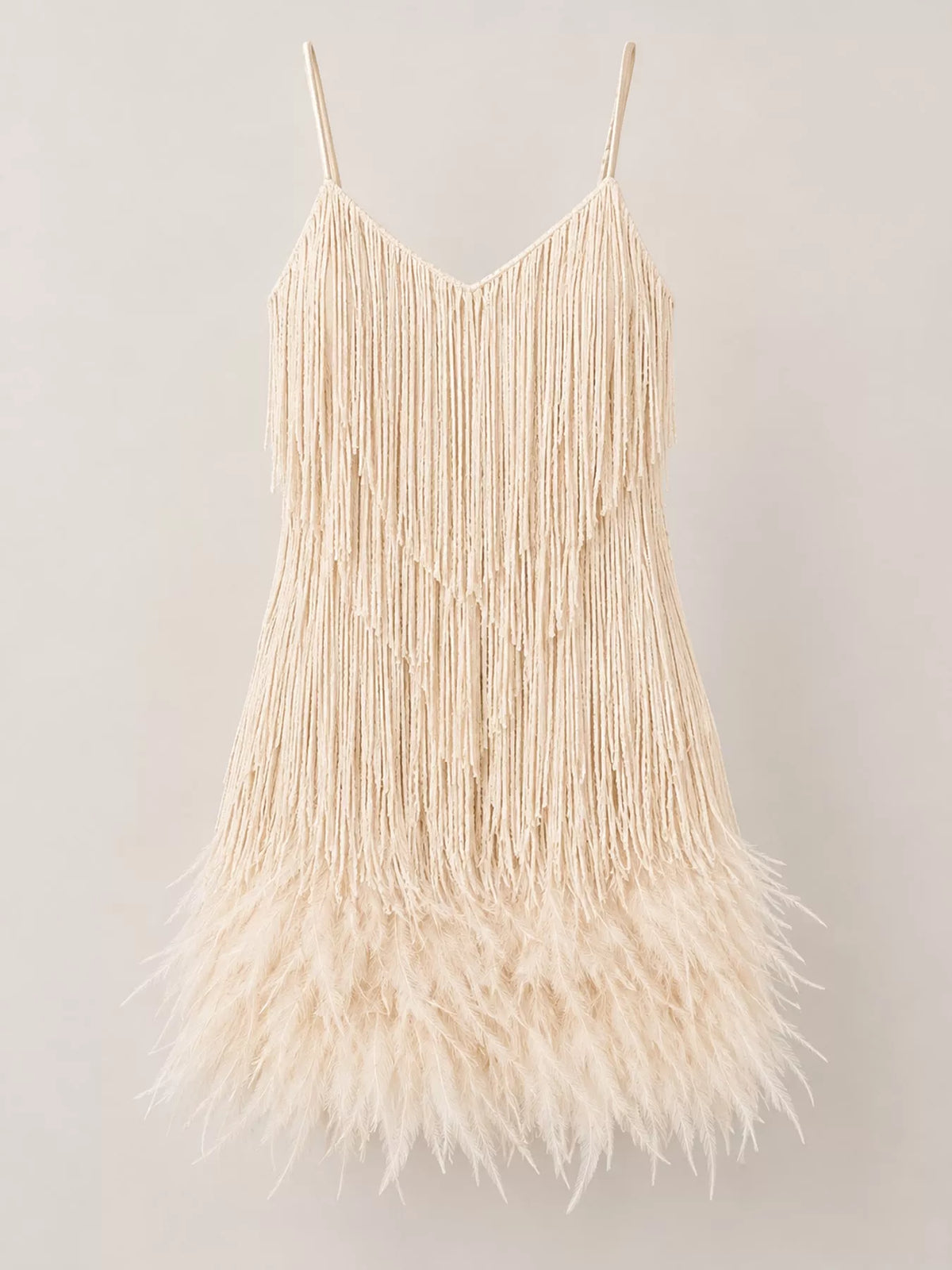 Cream feather fringe sequin mini dress, front view